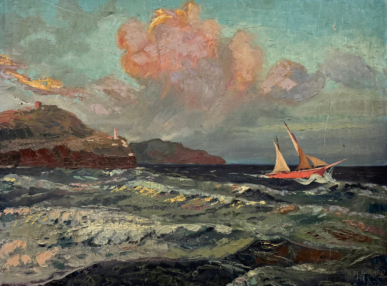 ANDRE GIRARD (1901-1968, French American) Nautical Seascape: Oil on canvas 31.5 x 23.5 in
