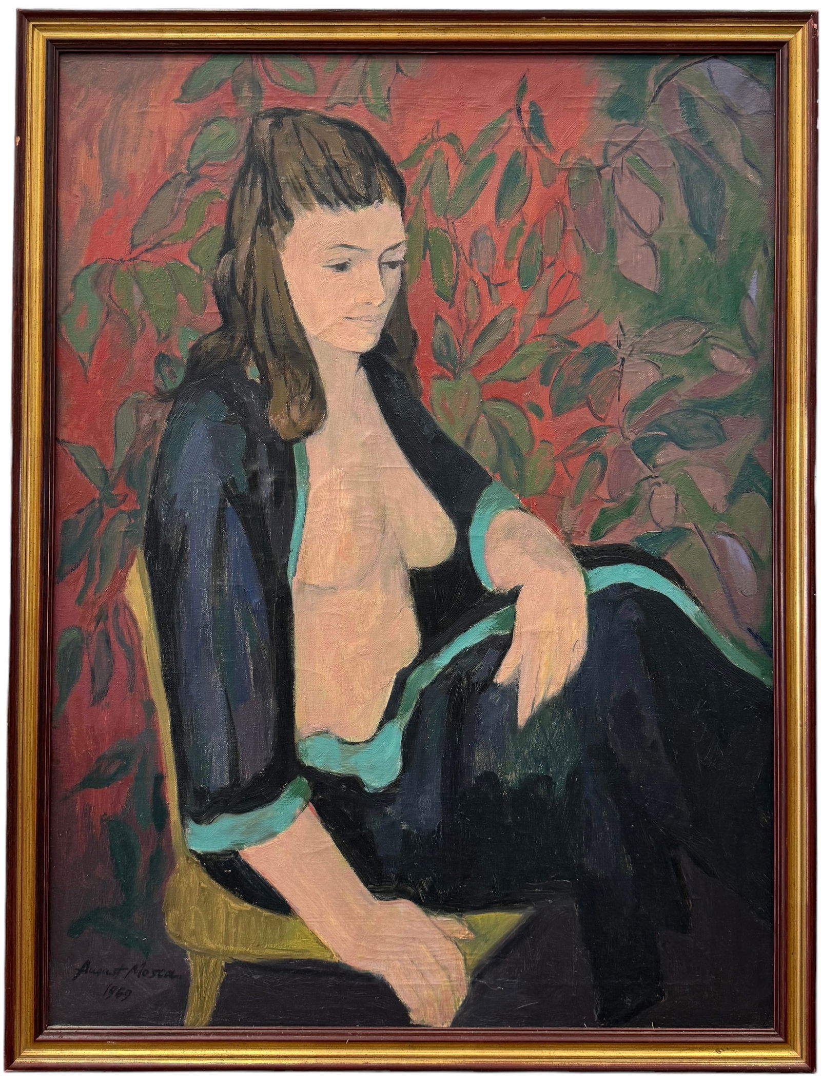 AUGUST MOSCA (1909-2002, Italian American) Nude Portrait: Oil on canvas 33.5 x 25.5 in (framed). Biography from Shelter Island Historical Society & Museum: August Mosca was born in Naples, Italy on August 19, 1909. He and his family emigrated to the United S