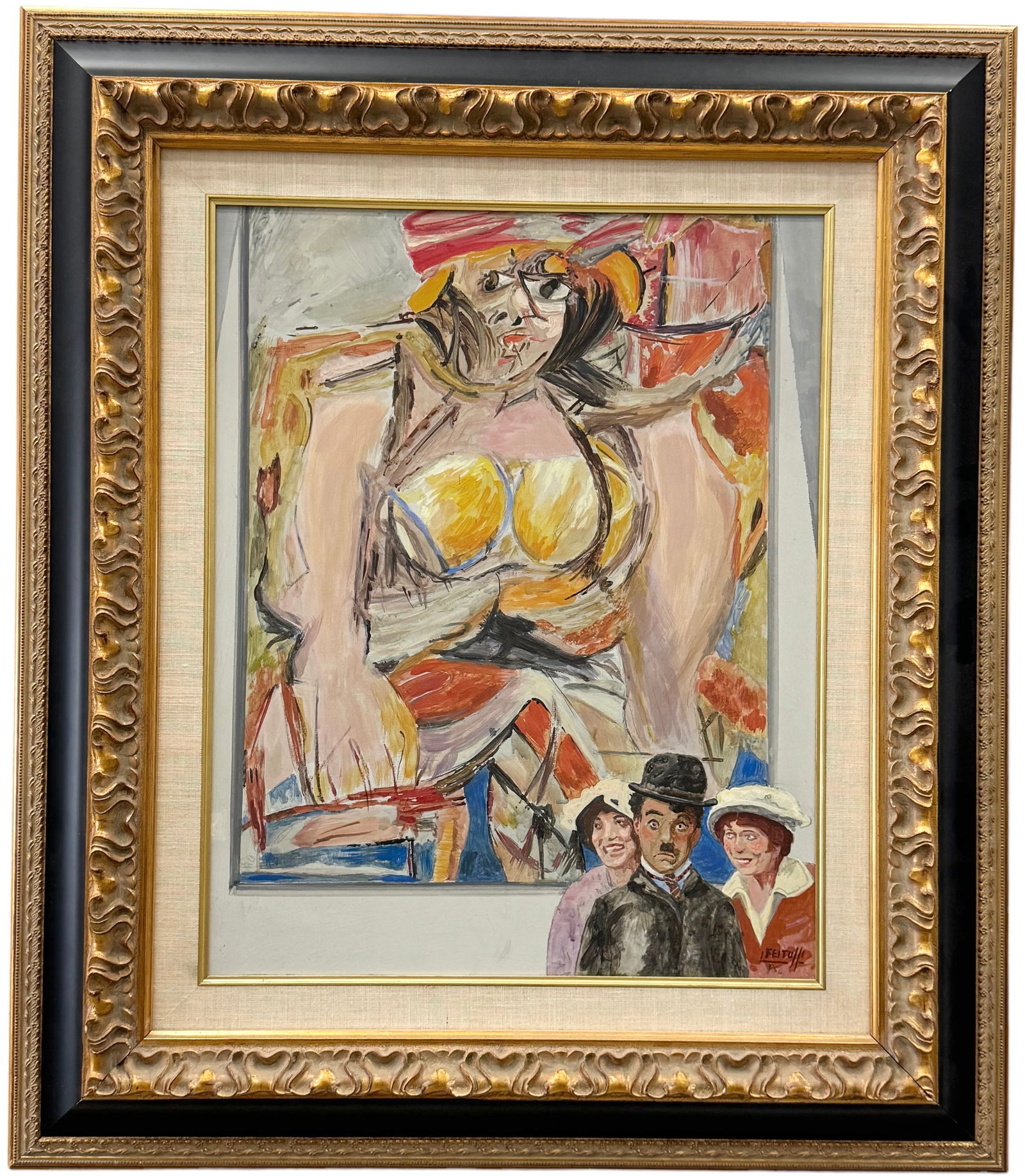Lucien Feitussi (1929-2017, American) Chaplin Meets De Koonig: Acrylic on board 24 x 19 in, 35.5 x 31 in (framed)