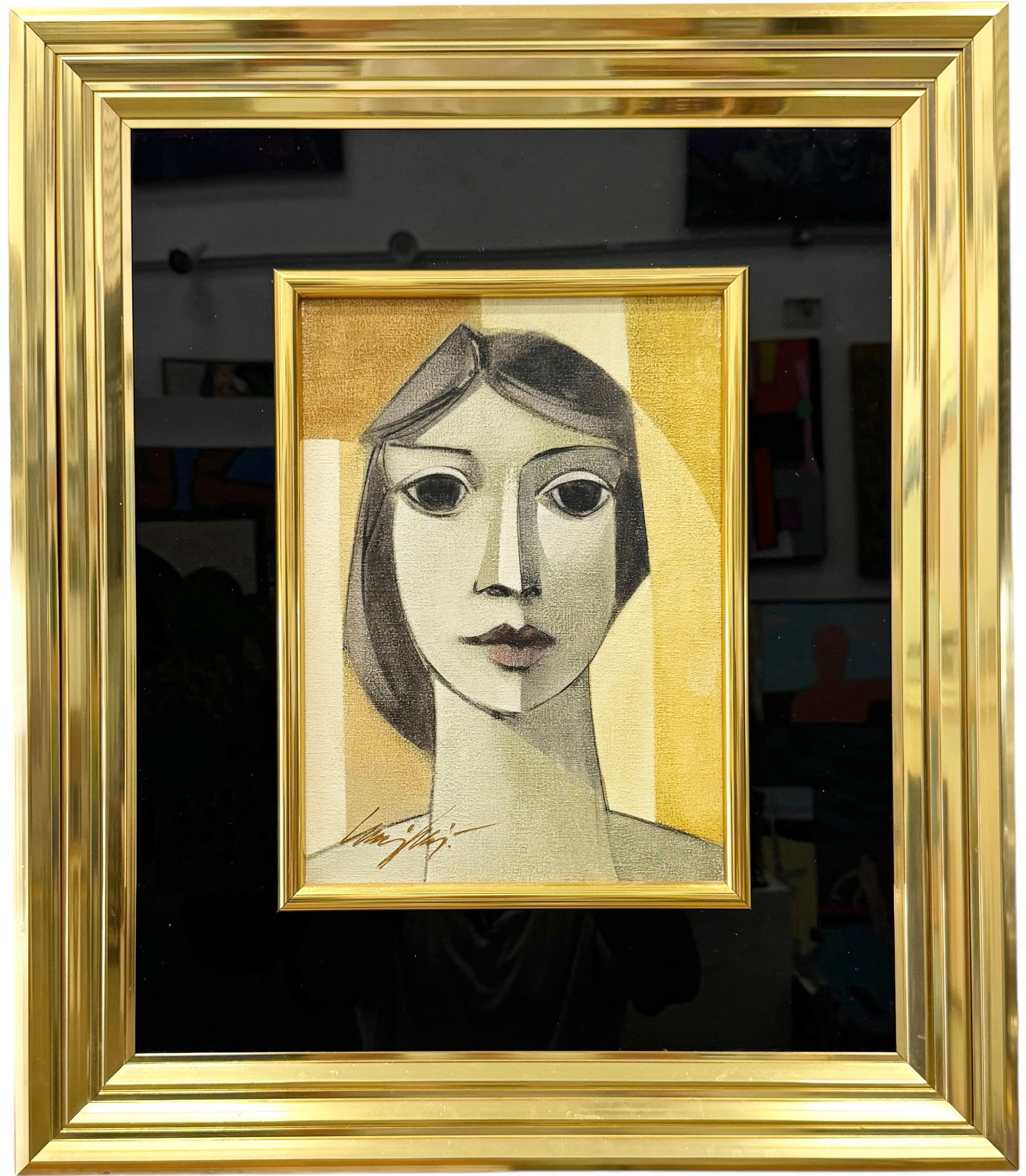 Nicely Framed Vintage Cubist Portrait Painting Signed Illegibly (1 of 3)