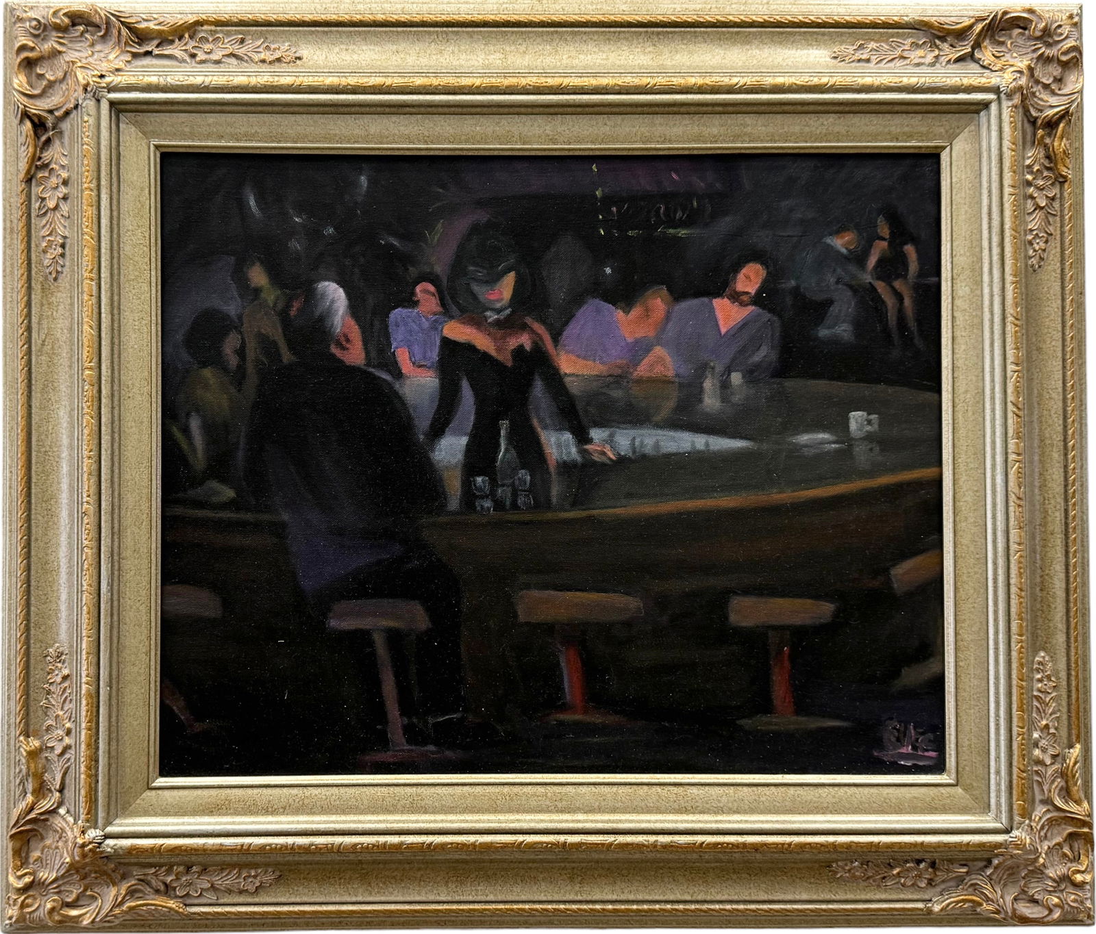 American School Modernist Night Club Bar Scene Signed Illegibly (1 of 4)