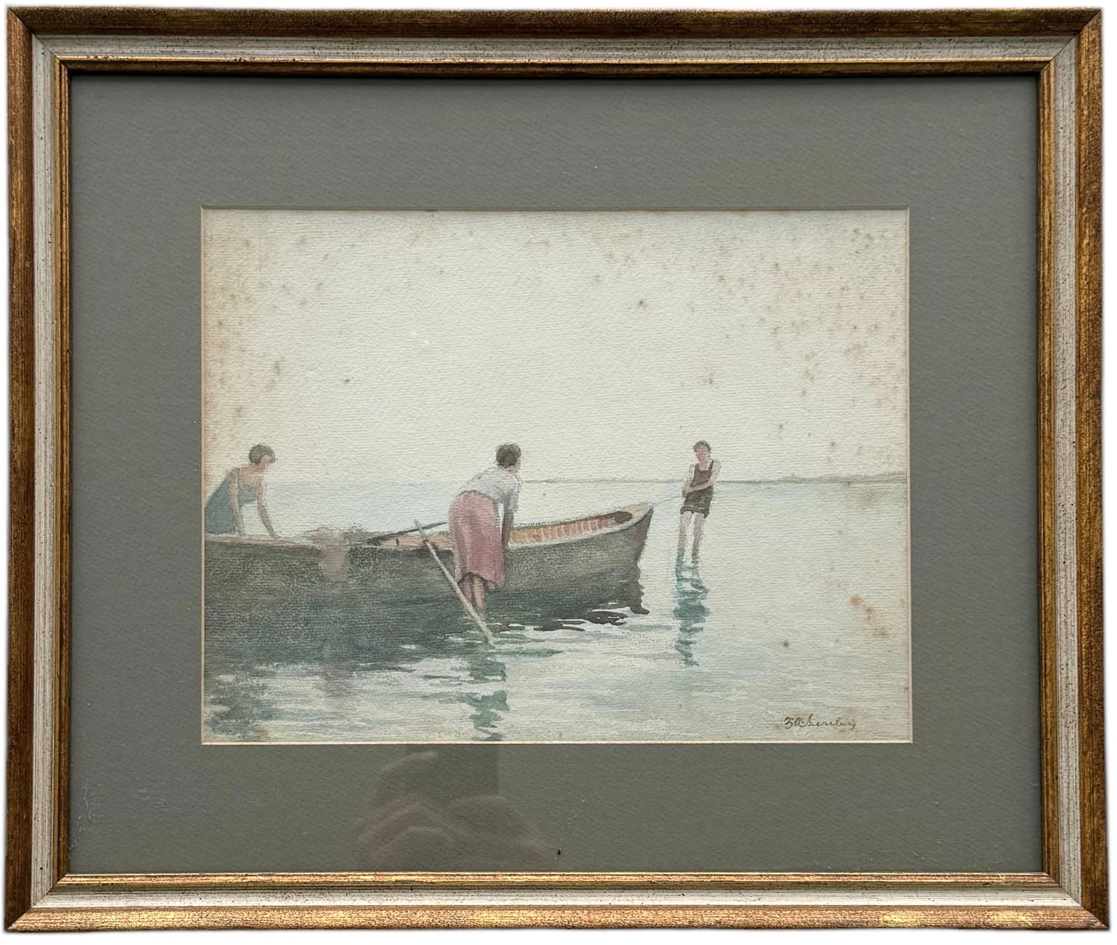 American School Watercolor Of Three Women With Boat At Sea, Signed (1 of 4)
