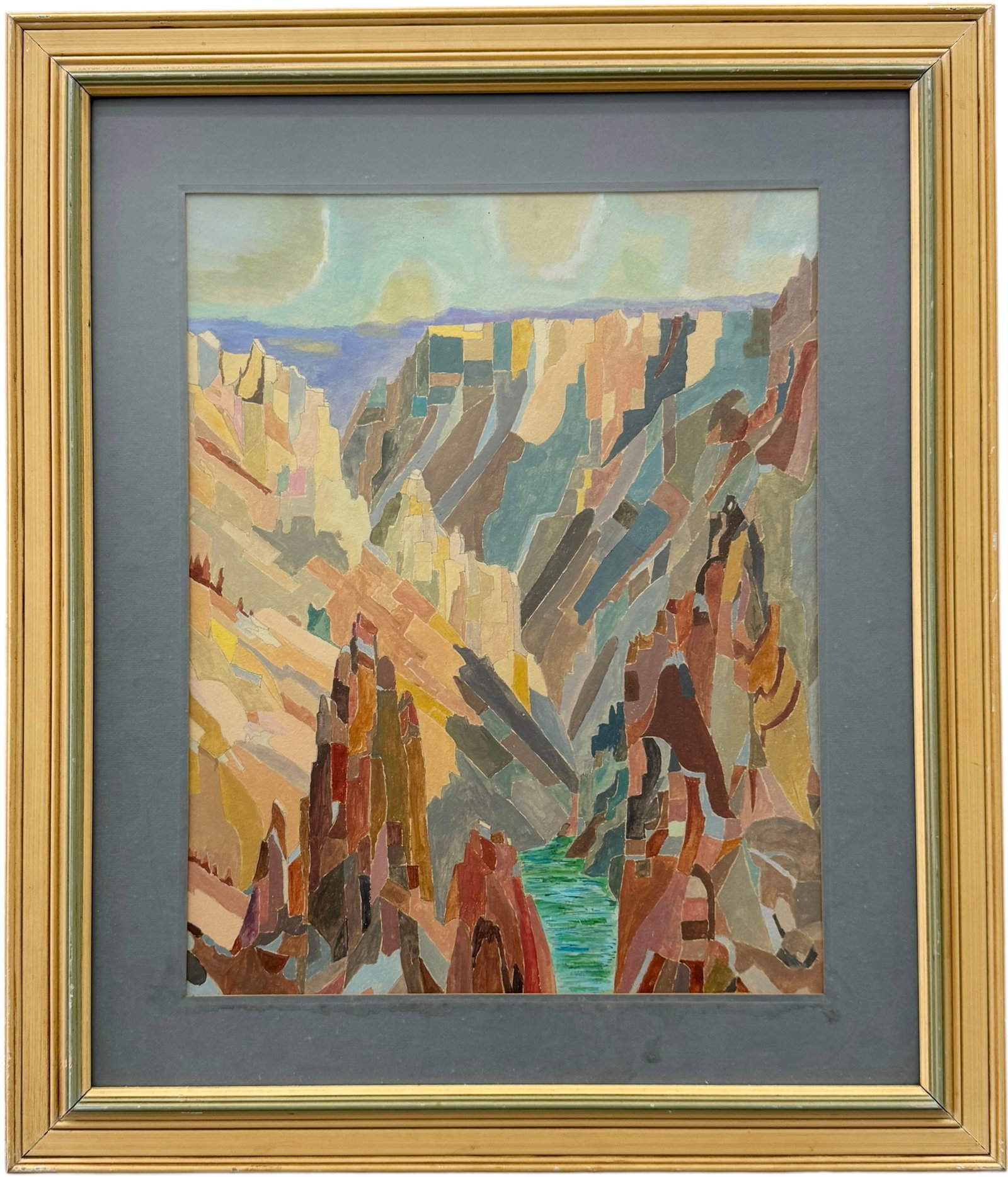 Mid-Century American School Modernist Landscape Of The Grand Canyon, Unsigned: Acrylic on board or paper 19 x 15 in, 27.5 x 23.5 in (framed)