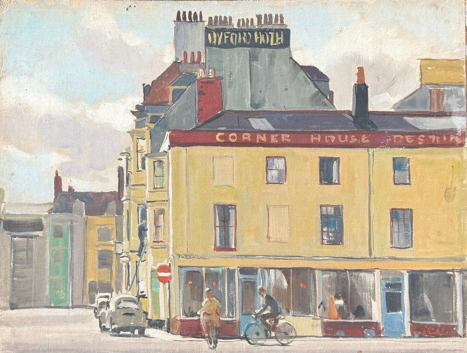 TORE ASPLUND (1903-1978, American) English Street Scene, Oxford Corner Restaurant (1 of 3)