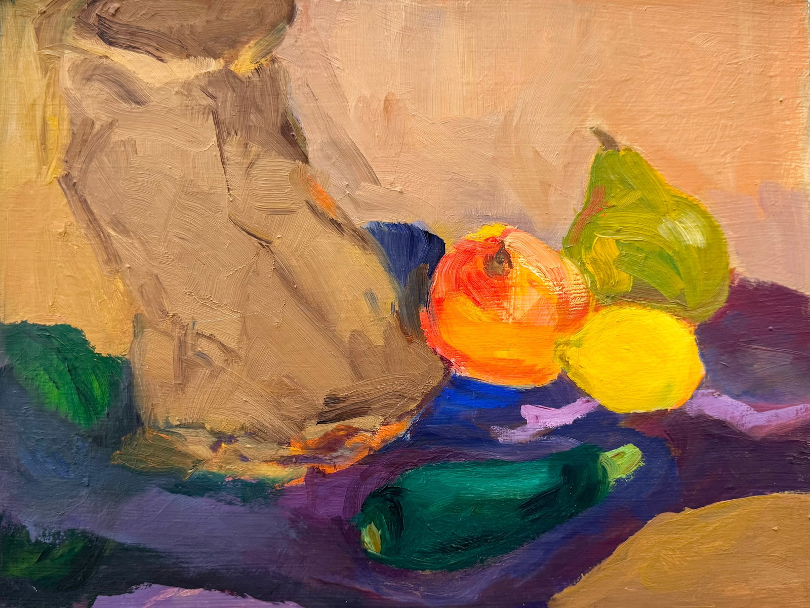 American School Modernist Still Life Painting Of Fruit, Unsigned: Oil on canvas 12 x 16 in