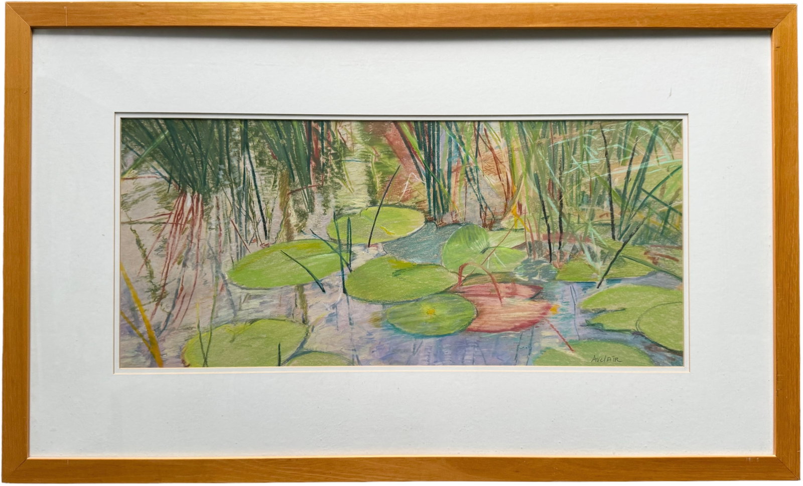 Nicely Framed American School Pastel Of Lily Pads Signed Auclair: Pastel on paper 36.5 x 22 in (framed)
