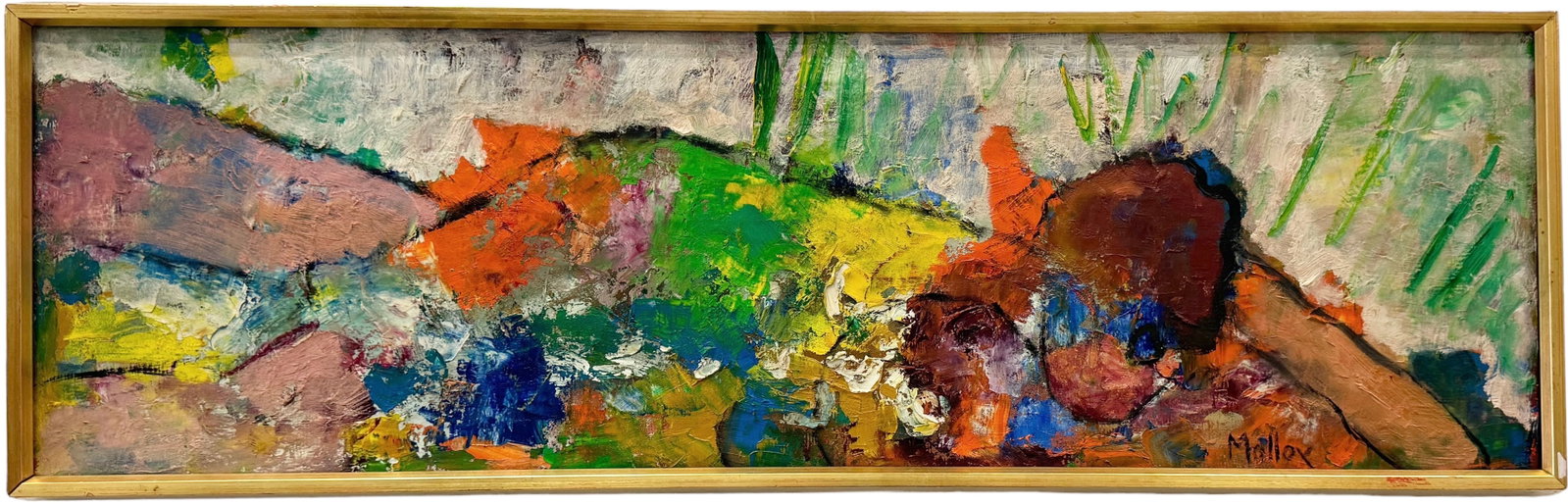 Mid-Century Modern Lying Nude Figure In Landscape, Signed 40 x 12 in: Oil on canvas 40 x 12 in