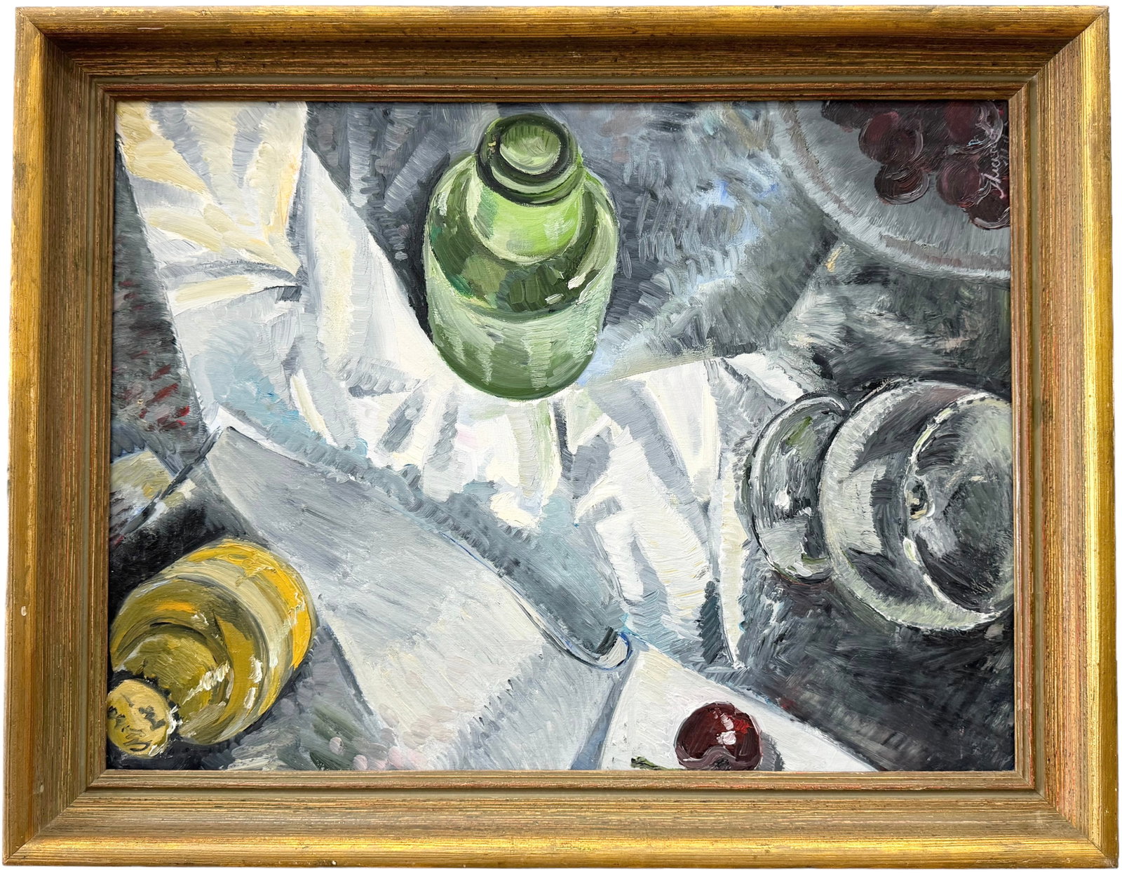 American School Modernist Table Still Life Signed Illegibly: Oil on canvas 24 x 18 in, 27 x 21 in (framed)