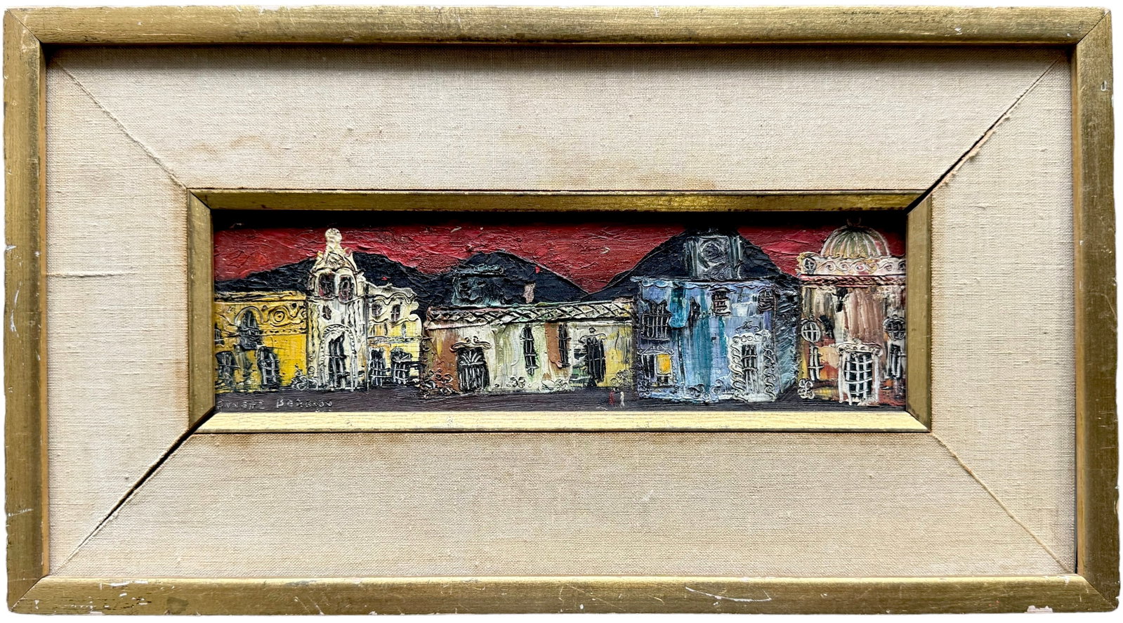 ANETTE BERGSON Mid-Century Mexican Modern City Scene: Oil on board 11 x 3.5 in, 16 x 9 in (framed)