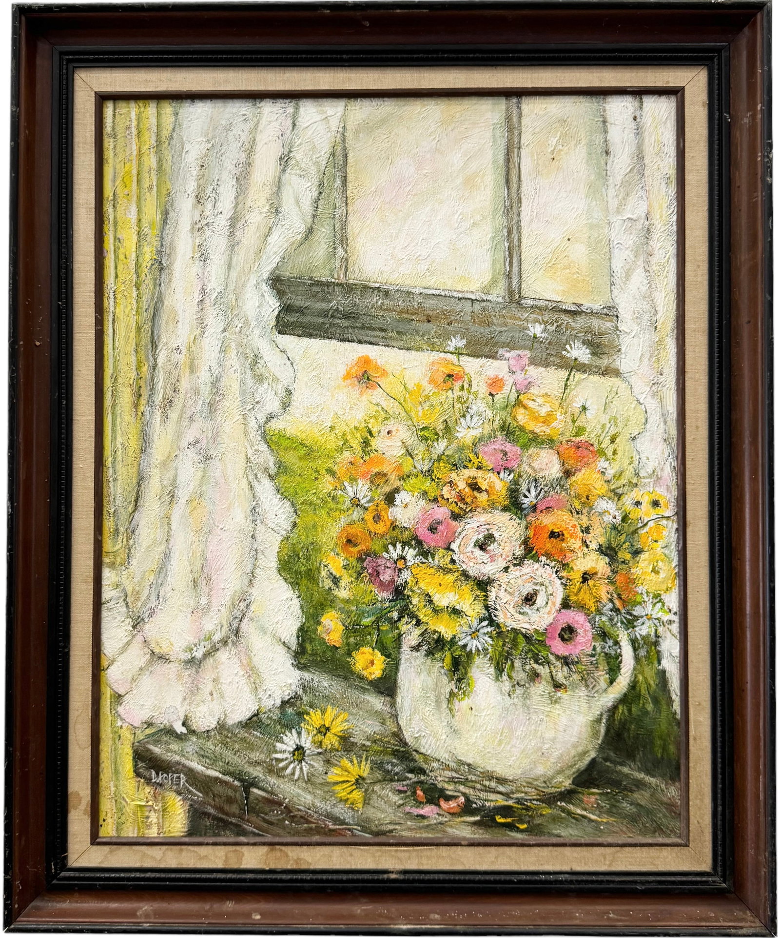 Vintage American School Impressionist Still Life Of Flowers, Signed: Oil on canvas 28 x 22 in, 34.5 x 28.5 in (framed)