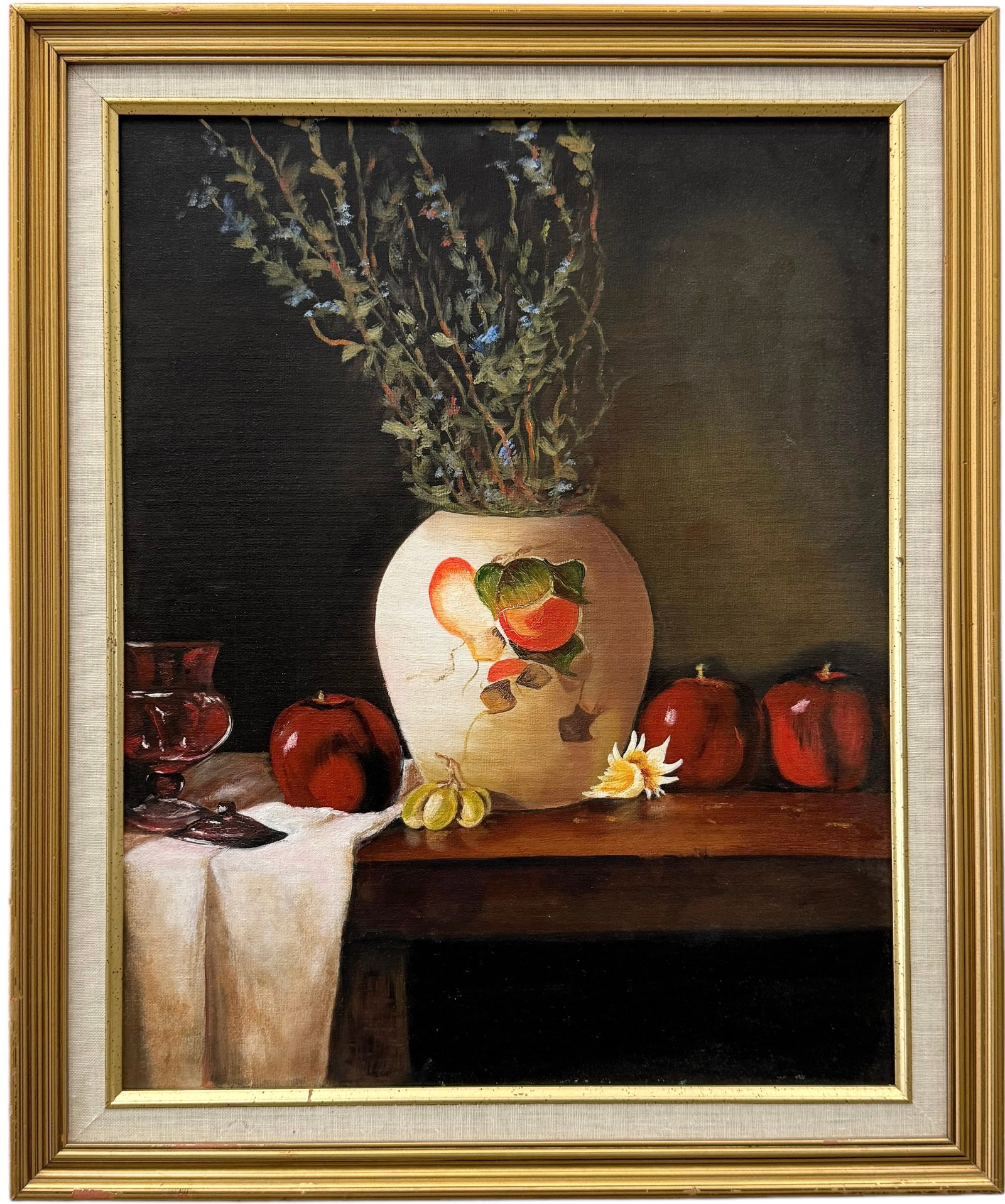 American School Realism Still Life Of Apples & Flowers: Oil on canvas 20 x 16 in, 23.5 x 20 in (framed)