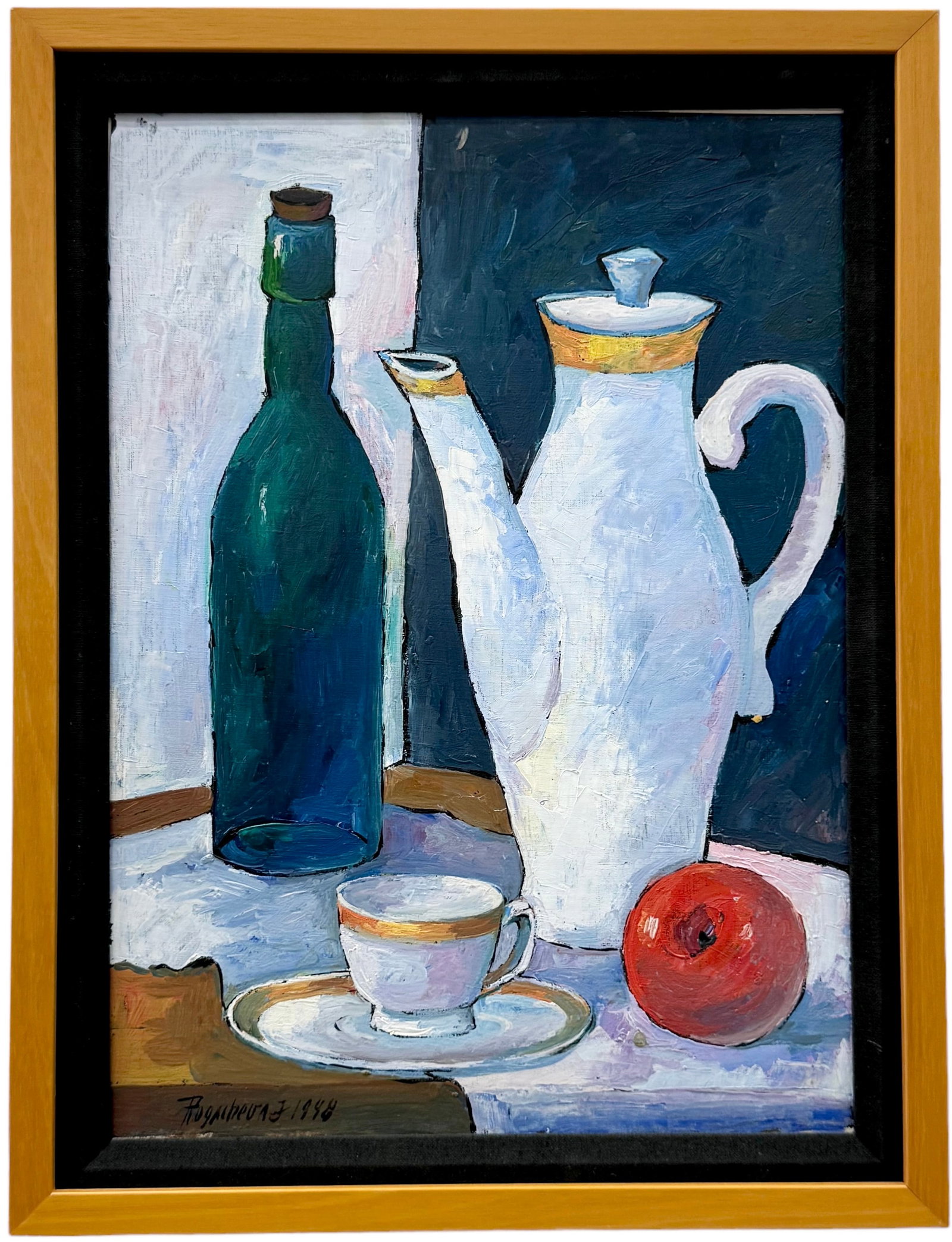 Vintage American School Modernist Kitchen Still Life, Signed: Acrylic on board 22 x 17 in (framed)