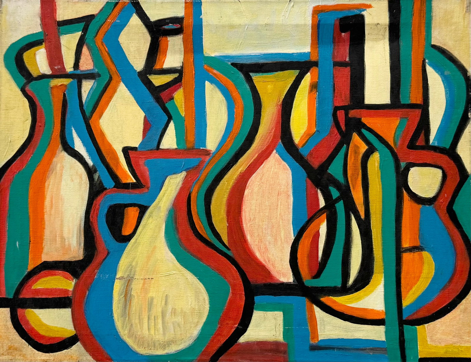 Mid-Century Modern American School Abstract Of Bottles, Unsigned 20 x 26 in: Oil on canvas 26 x 20 in