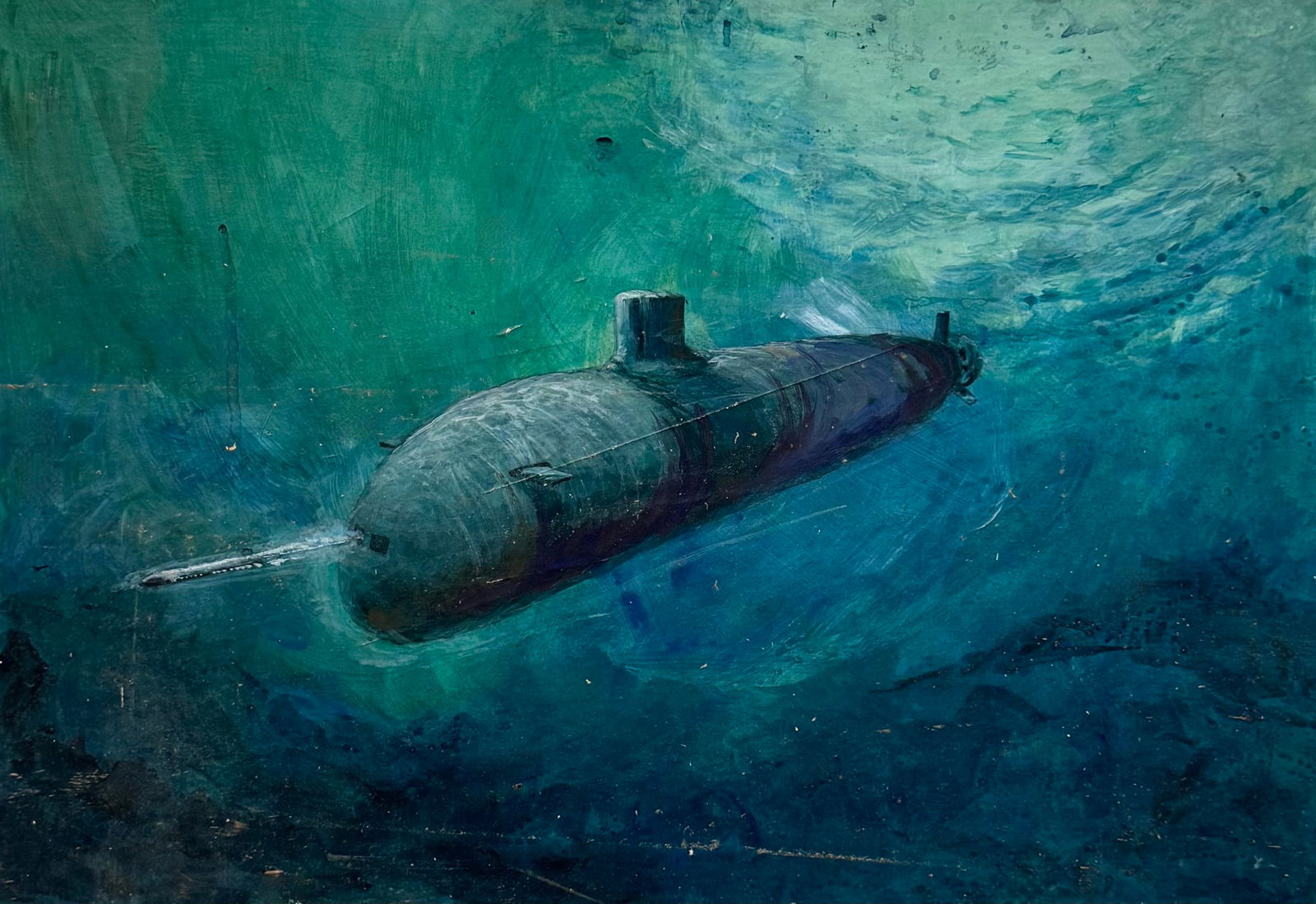 Early 20th c American School Submarine Torpedo Illustration Painting , Unsigned (1 of 2)