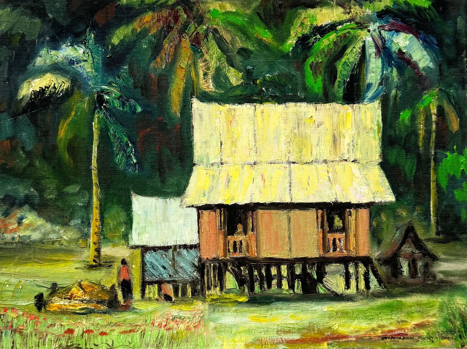 Impressionist Southeast Asian School Landscape w/ House, Signed (1 of 3)