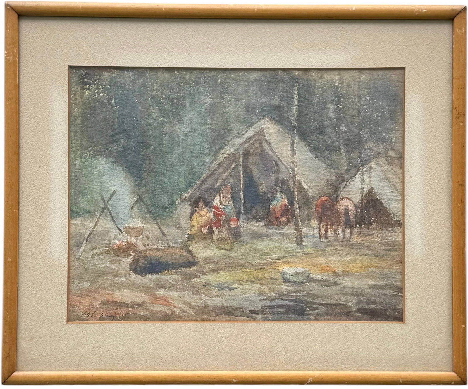 Lionel Lin Serebrin, Canadian Impressionist Native American Camp Watercolor: Watercolor on paper 12.5 x 9.5 in, 17 x 14 in (framed).