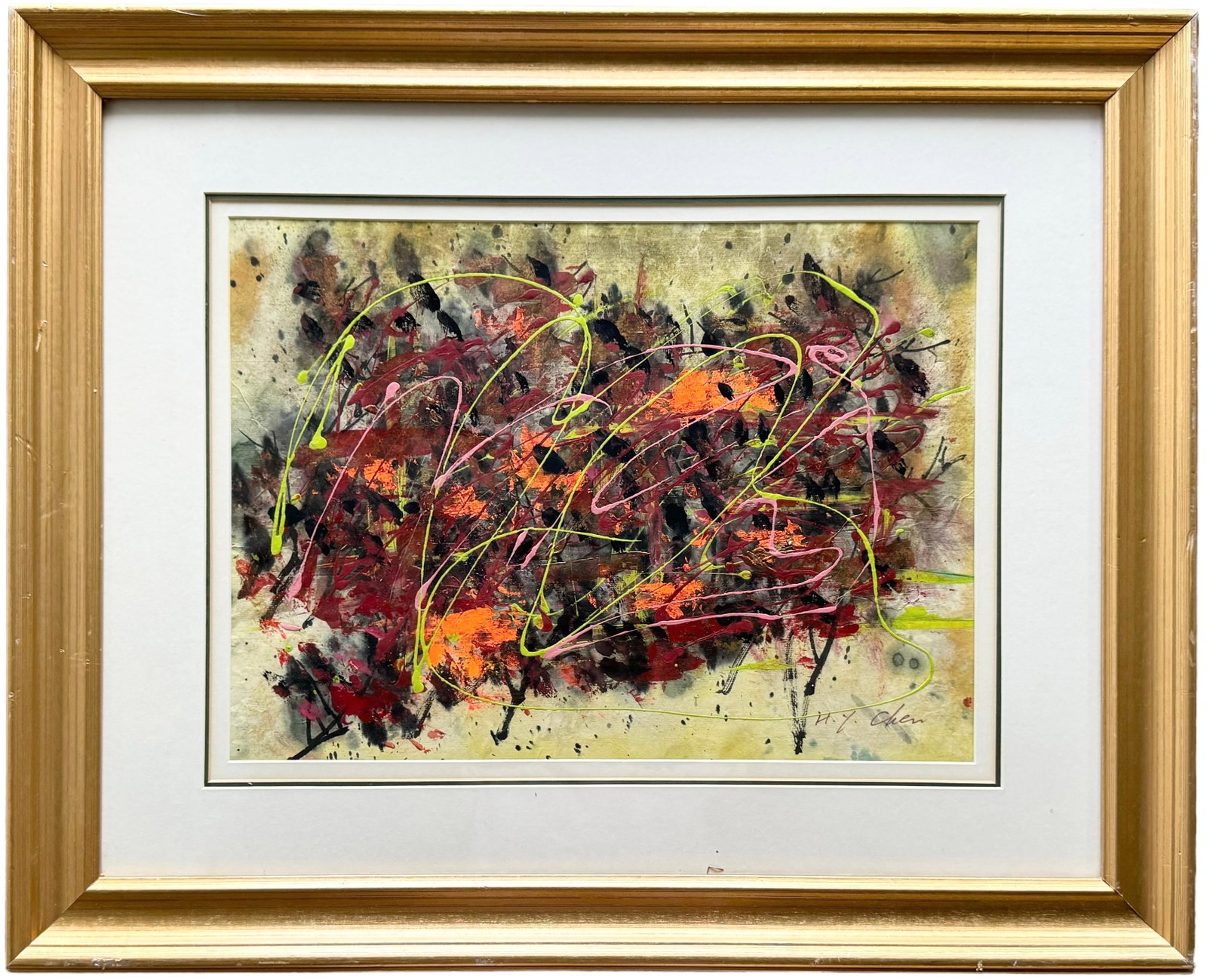 HY CHEN Contemporary Action Drip Painting Nicely Framed: Acrylic 17 x 12 in, 27 x 22 in (framed)