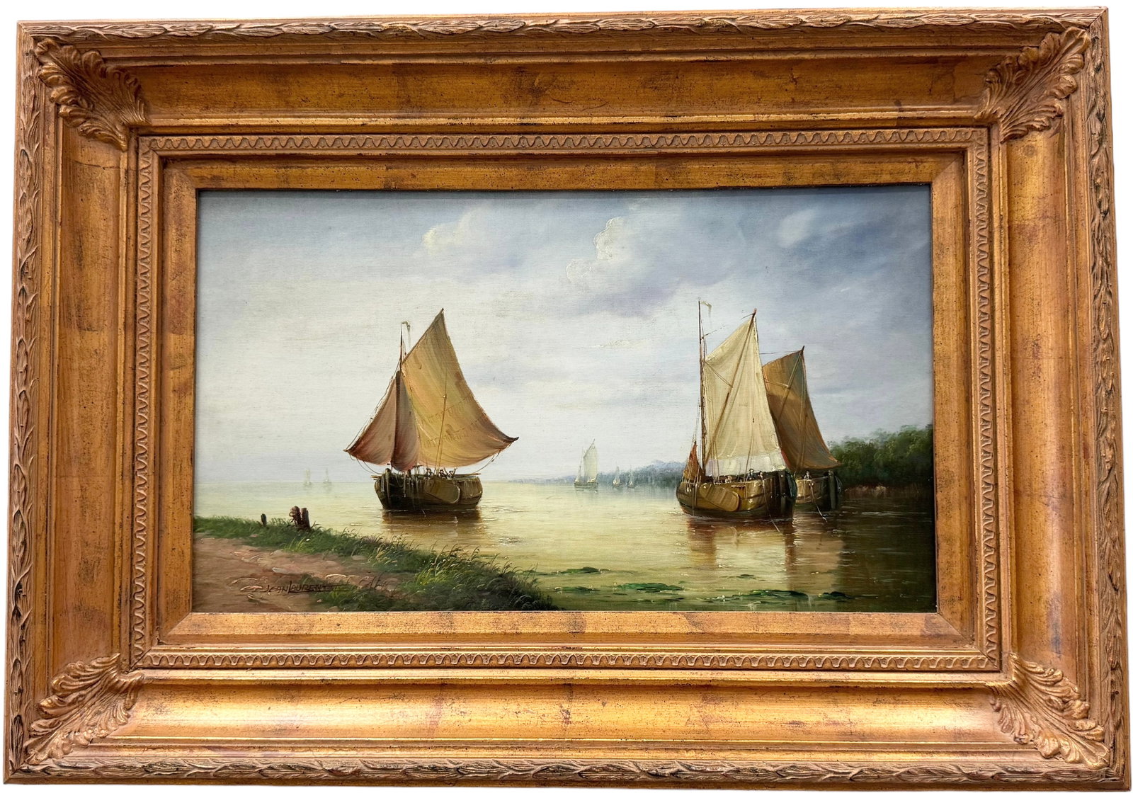 JEAN MICHEL LAURENT Ships In Harbor: Oil on canvas 24 x 14 in, 35.5 x 23.5 in (framed)