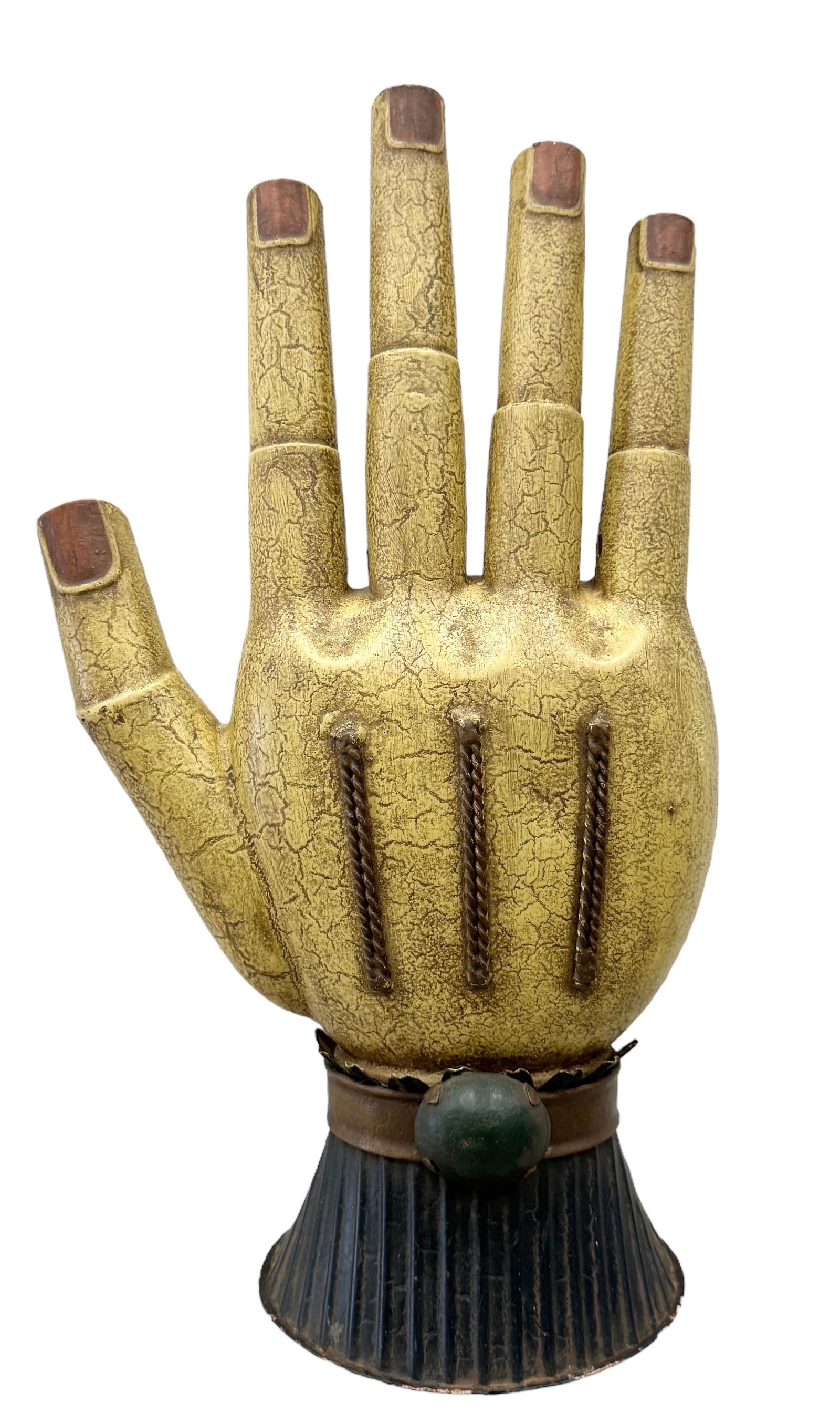 Vintage Egyptian Revival Hand Polychromed Metal Sculpture: Appears to be tin or aluminum 20 x 12 x 6 in