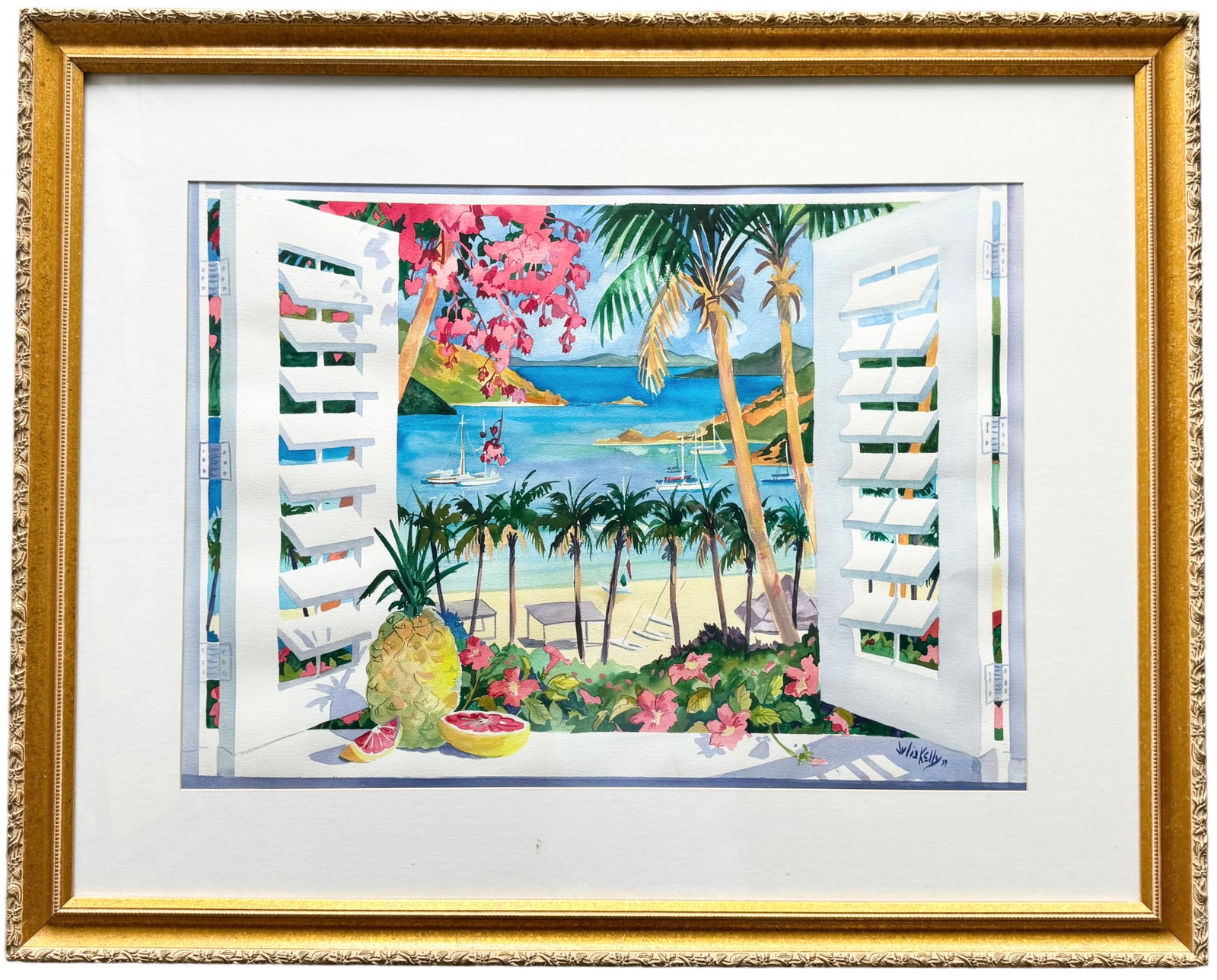 JULIA WHORF KELLY (20th c, American) Caribbean Window Landscape,: Watercolor on paper 29 x 20.5 in. A native of Provincetown, Massachusetts, she is an impressionist, painting directly from nature and redesigning the ideas into large formats in the studio. Julia util