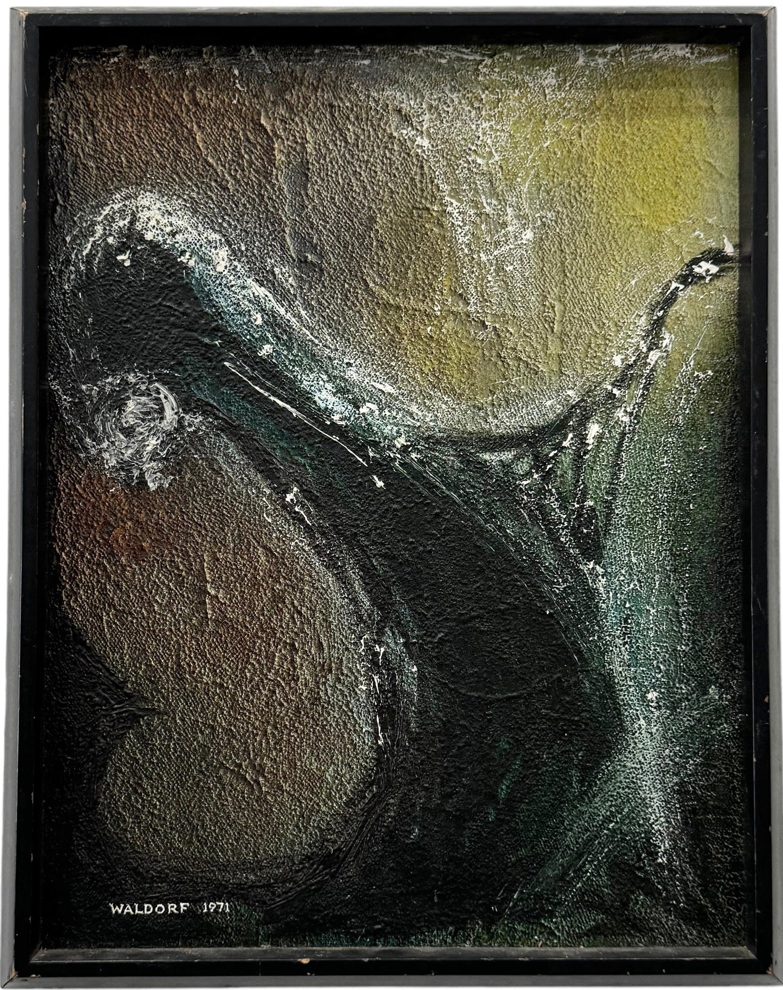 Mid-Century Modern American School Abstract Painting Signed Waldorf 1971: Oil on board 14 x 18 in