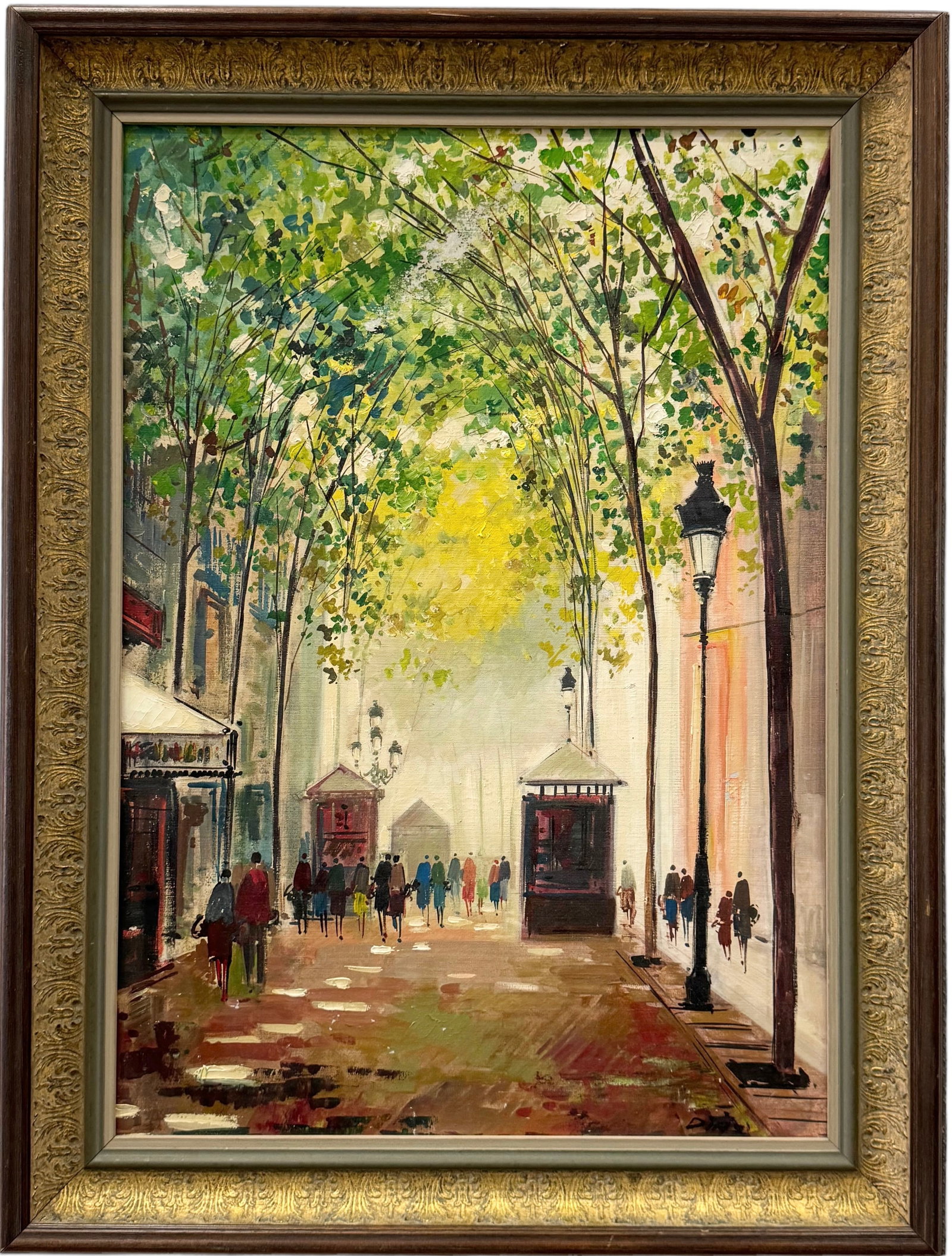 Vintage French School Modernist Paris Street Scene Signed Diaz: Oil on canvas 27.5 x 19.5 in, 33 x 25 in (framed)