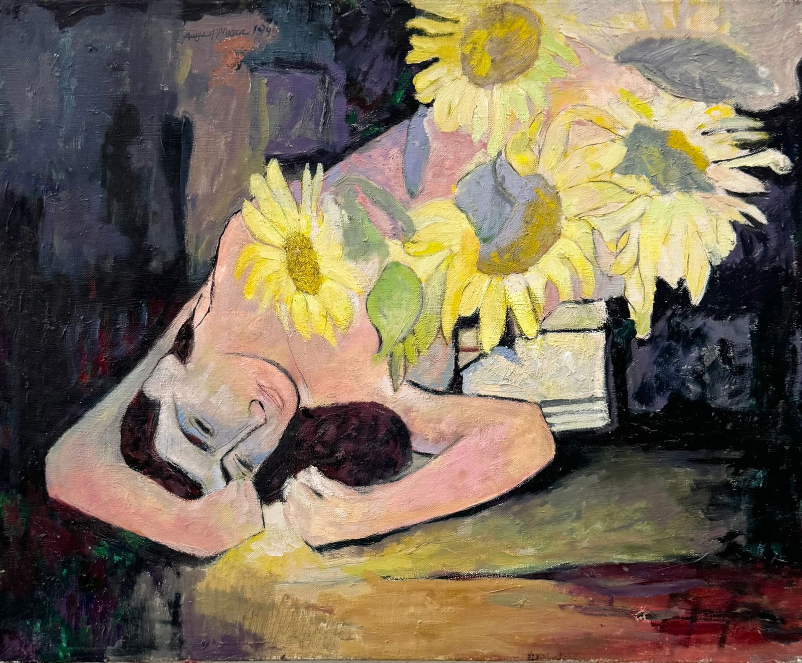 AUGUST MOSCA (1909-2002, Italian American) Nude With Flowers: Oil on canvas 21 x 21 in
