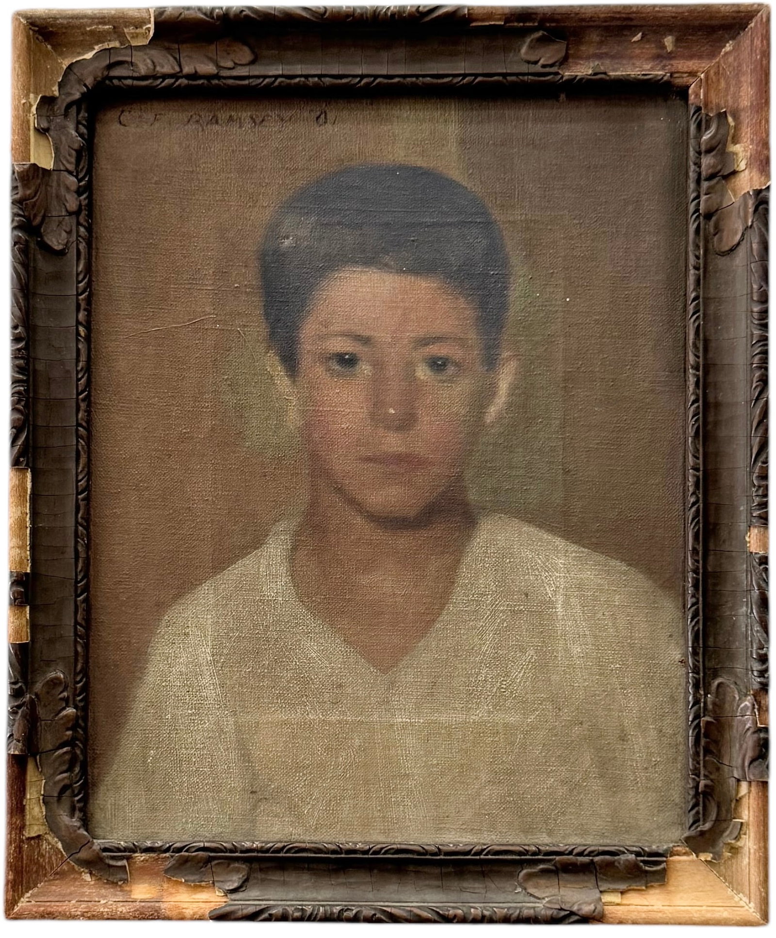 CHARLES FREDERIC RAMSEY (1875-1951, American) Portrait Of A Boy, New Hope Artist: Oil on canvas 10 x 8 in, 11.5 x 9.5 in (framed). Comes from a Bucks County, PA estate. Charles Frederic Ramsey (1875-1951) was the earliest artist to champion the radical ideas of abstraction within t