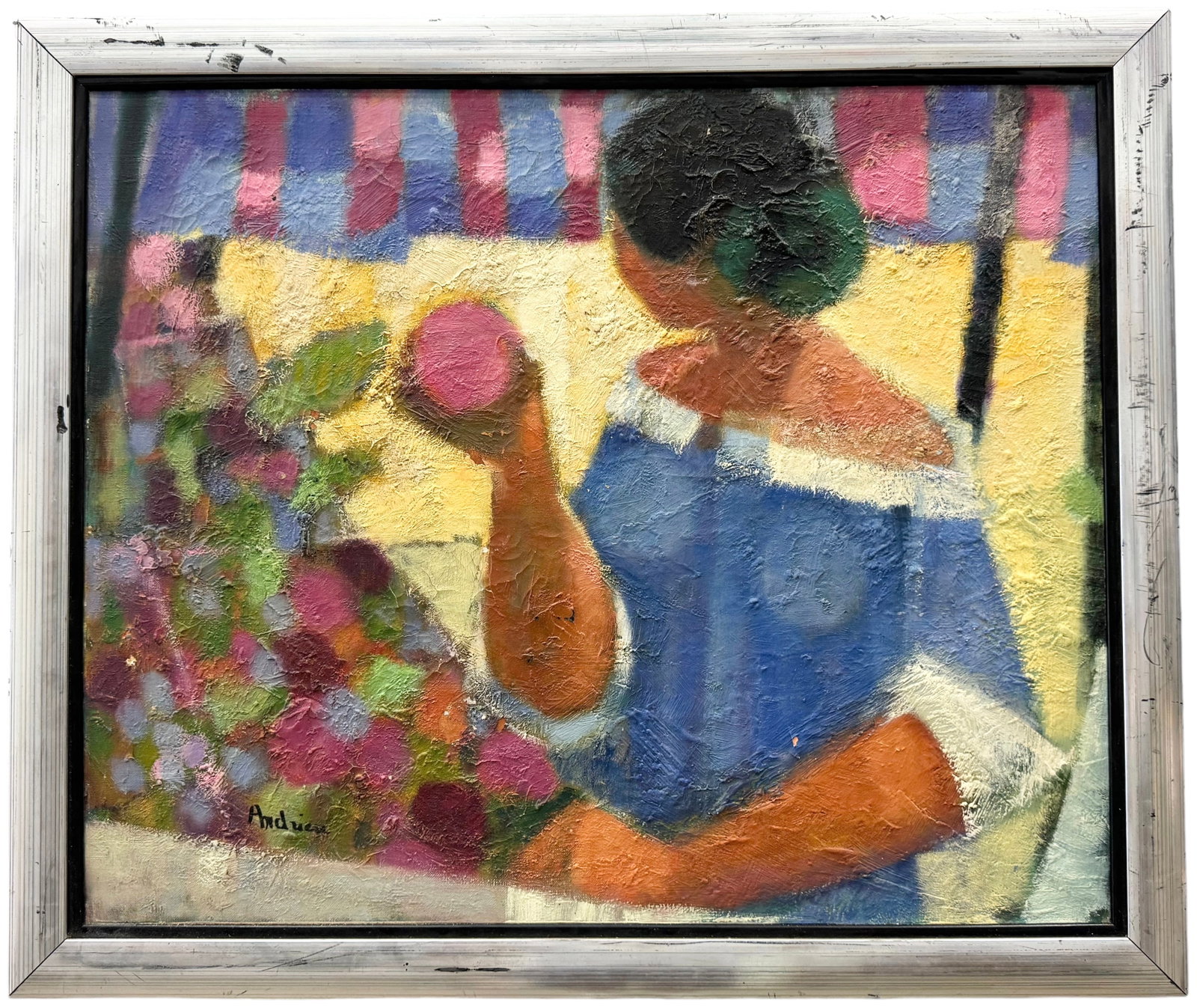 JACQUELINE ANDRIEU (20th c, French) Woman At Market: Oil on canvas 28 3/4 x 23 3/4 in, 32.5 x 27.5 in (framed)