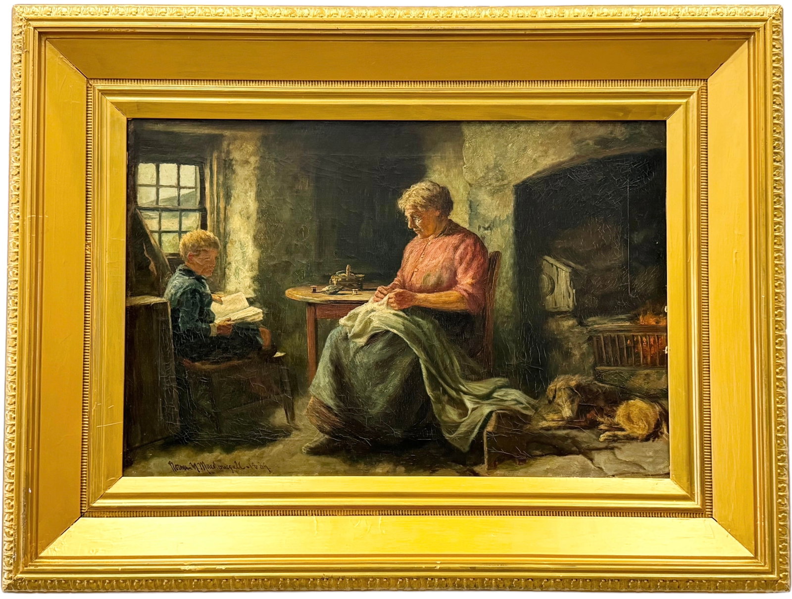 NORMAN MACDOUGALL (1852-1939, English) Boy Reading With Grandmother: Oil on canvas 30 x 20 in, 42 x 32 in. Painted quality antique frame