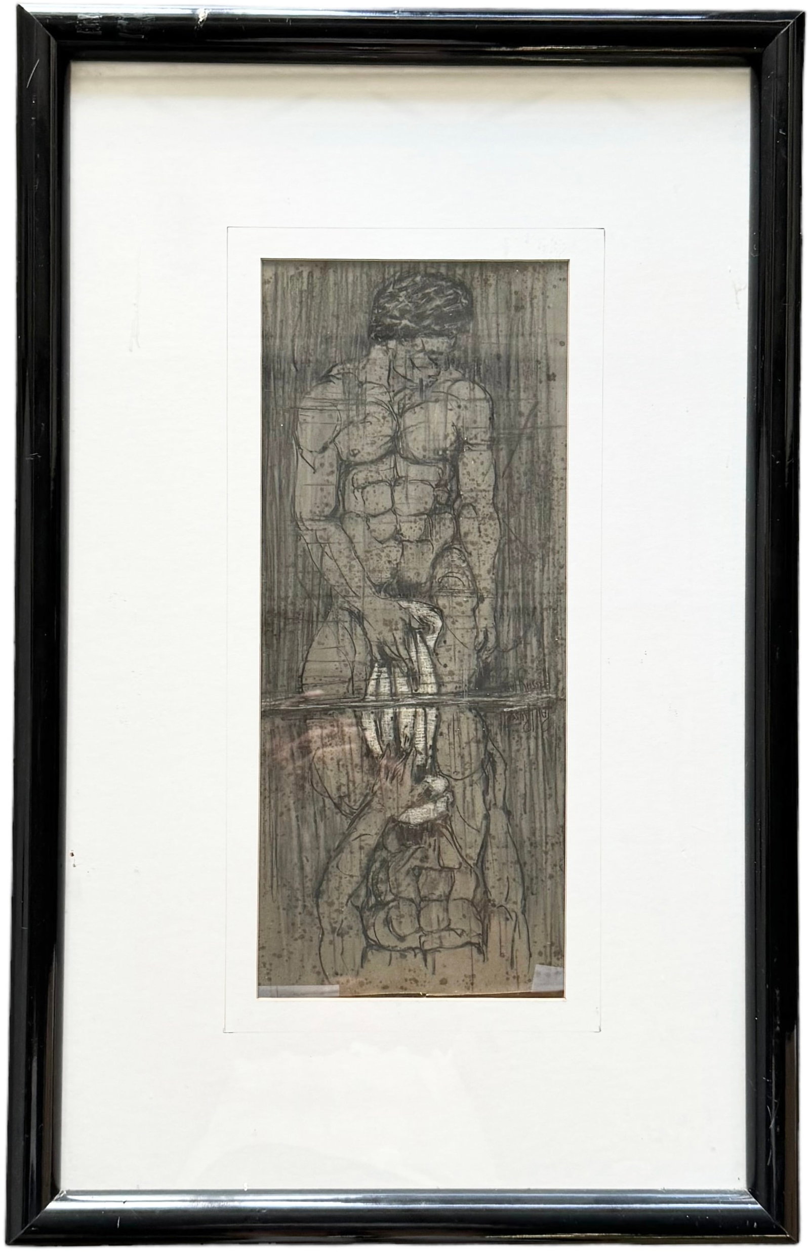 PAUL RUSSELL (20th c, American) Male Nude, Gay Interest: Mixed media on paper 17 x 7 in, 28 x 18 in (framed)