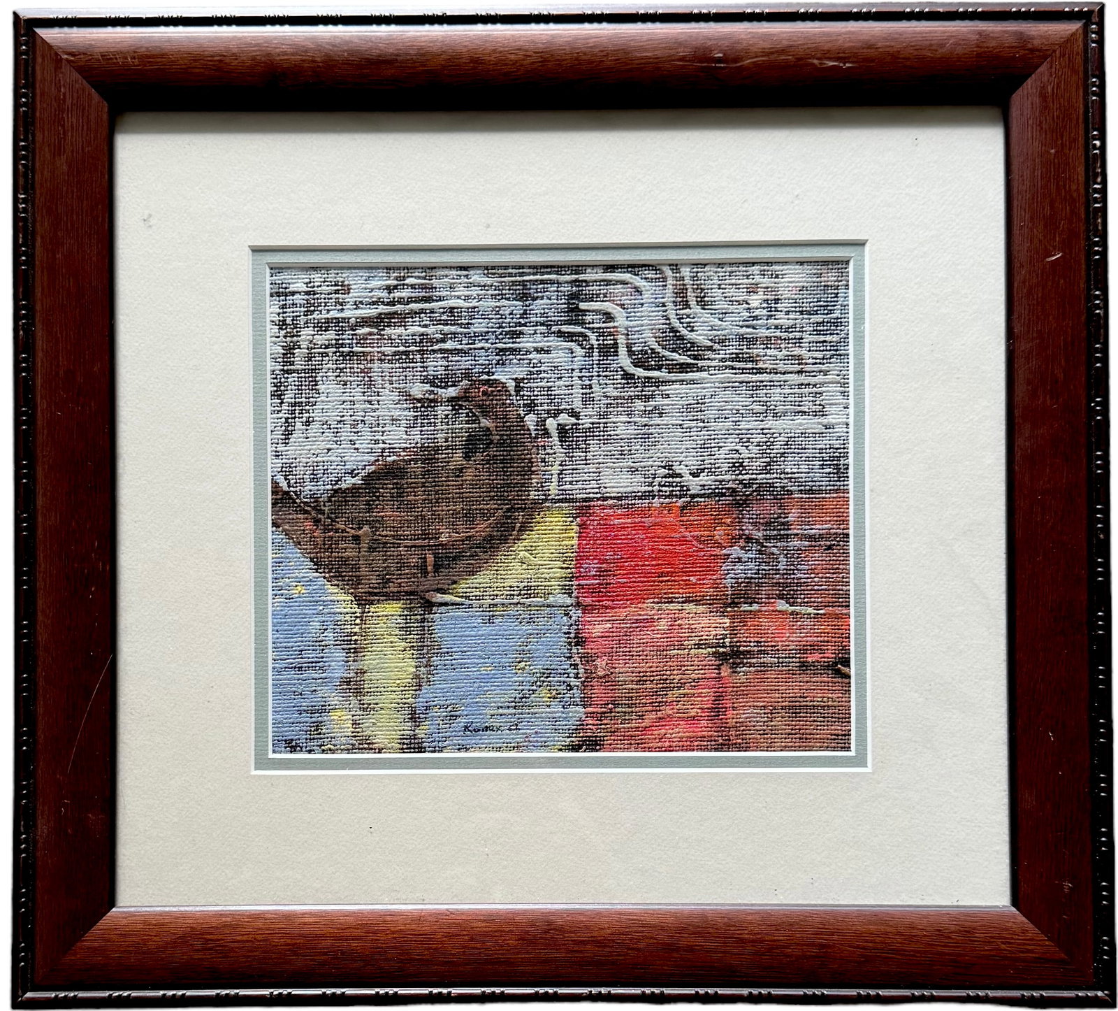 DAUDI KARUNGI (20th c, African) Abstract w/ Bird, Ugandan Artist: Oil 16.5 x 15 in (framed)
