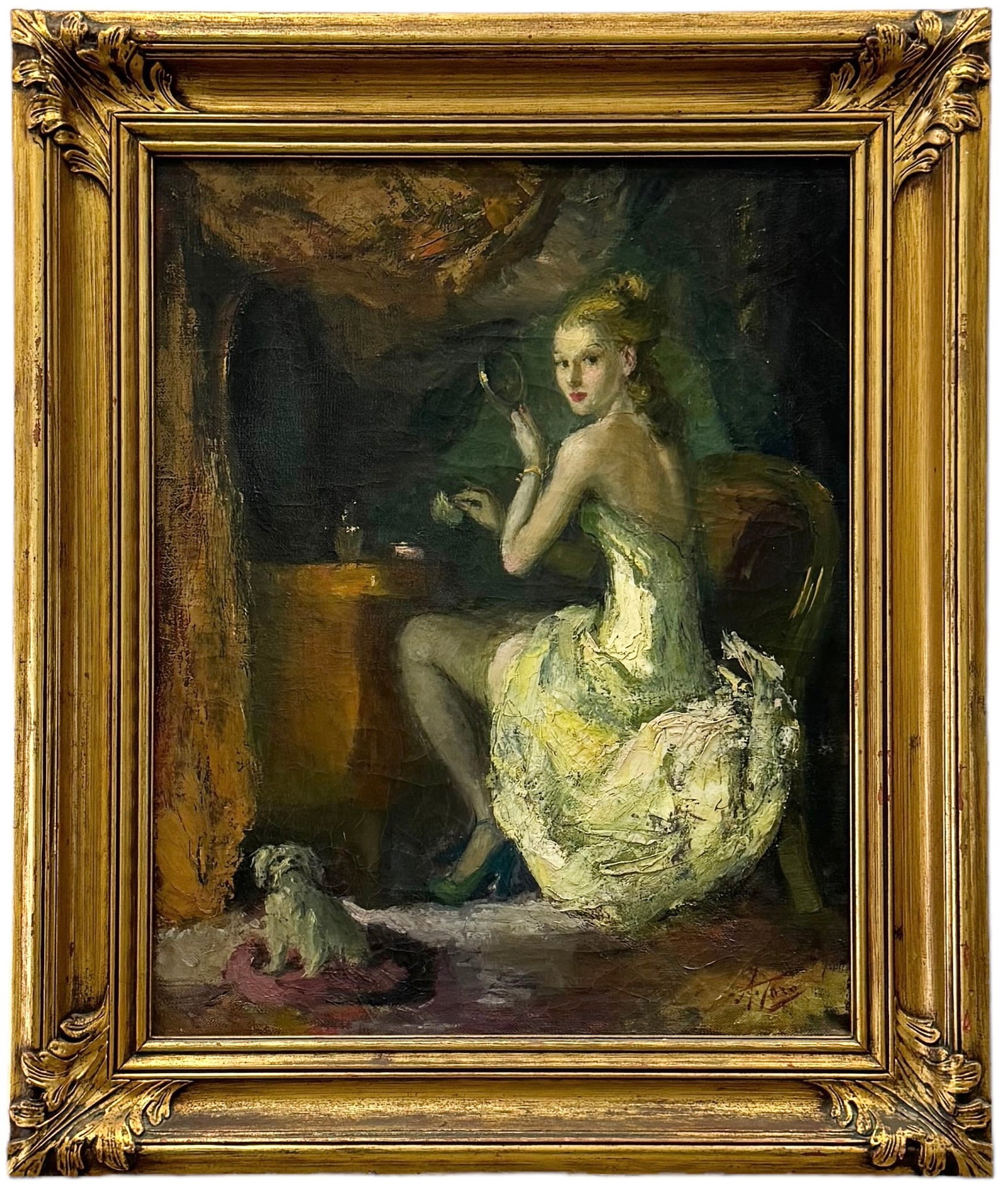 ATTILIO TORO (1892-1982, Italian) Woman & Her Dog: Oil on canvas 16 x 20 in, 21.5 x 25.5 in (framed)