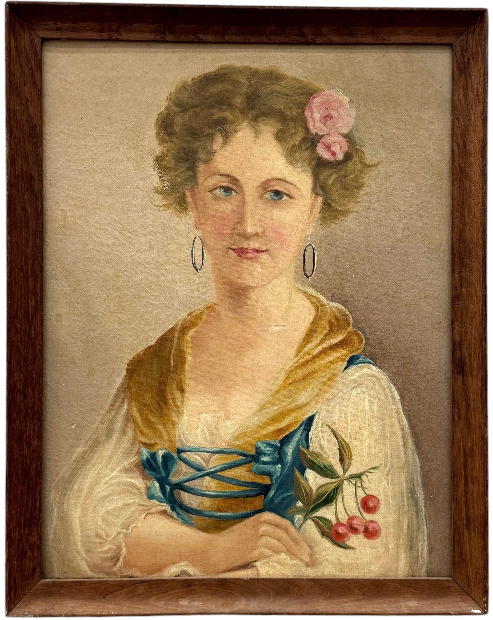 Antique French School Portrait Of A Woman With A Flower In Her Hair, Unsigned: Oil on canvas 19.5 x 15 in, 20.5 x 17 in (framed)