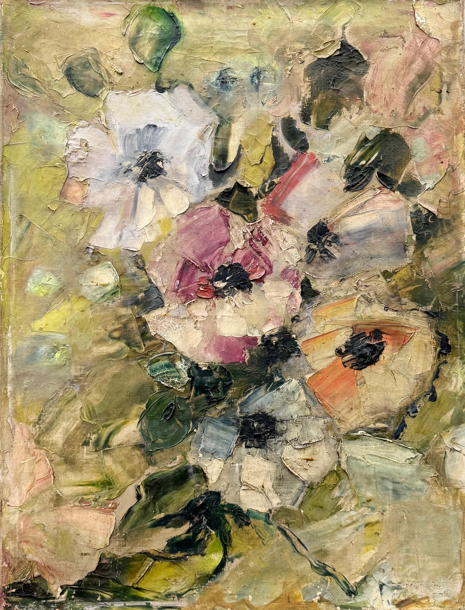 Antique European School Modernist Heavy Impasto Painting Of Flowers, Unsigned: Oil on canvas 24 x 18.5 in. Some stamps on the back
