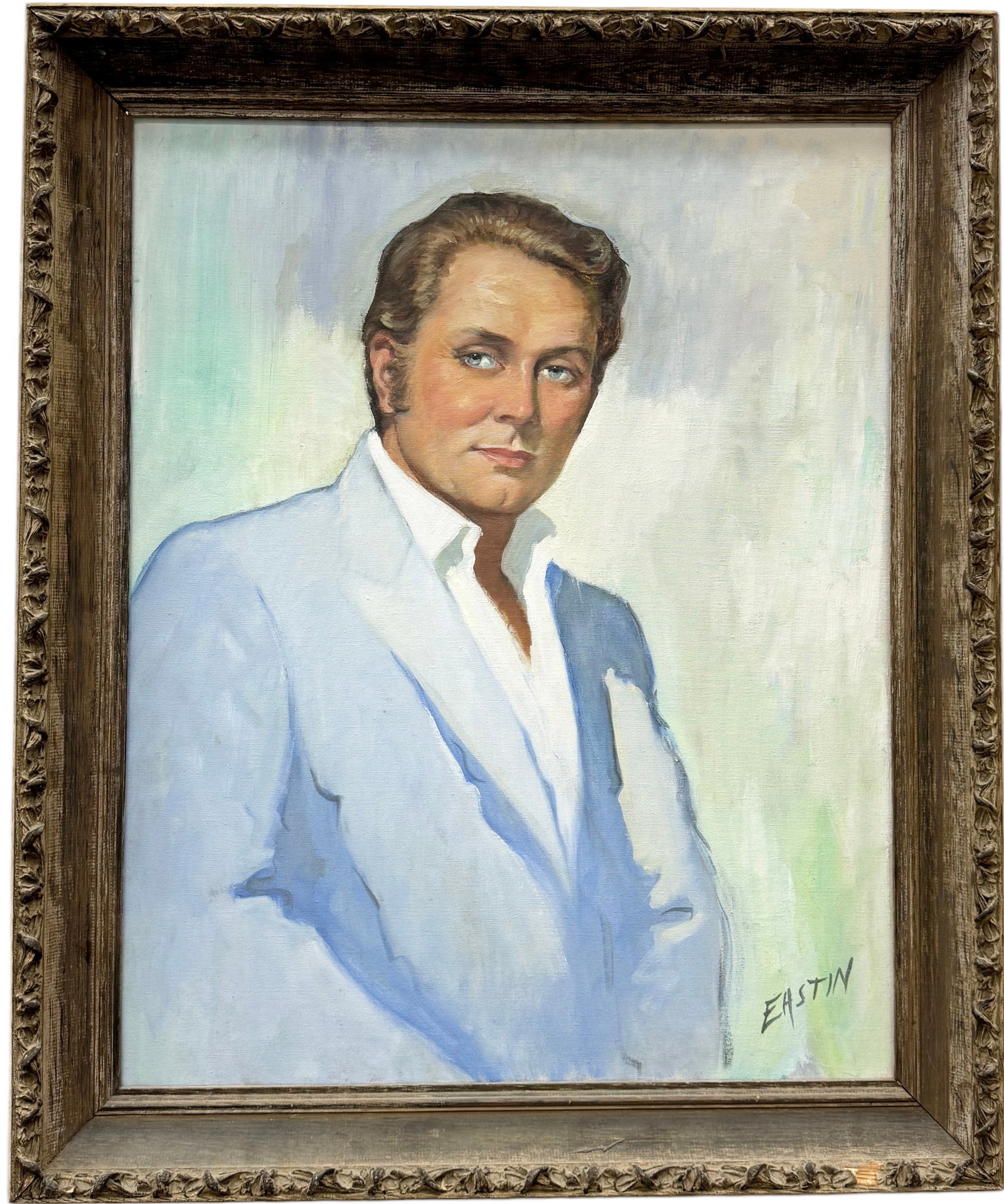 MId-Century American School Regency Portrait Of A Handsome Man Signed Eastin: Oil on canvas 30 x 24 in, 35.5 x 29.5 in (Framed)