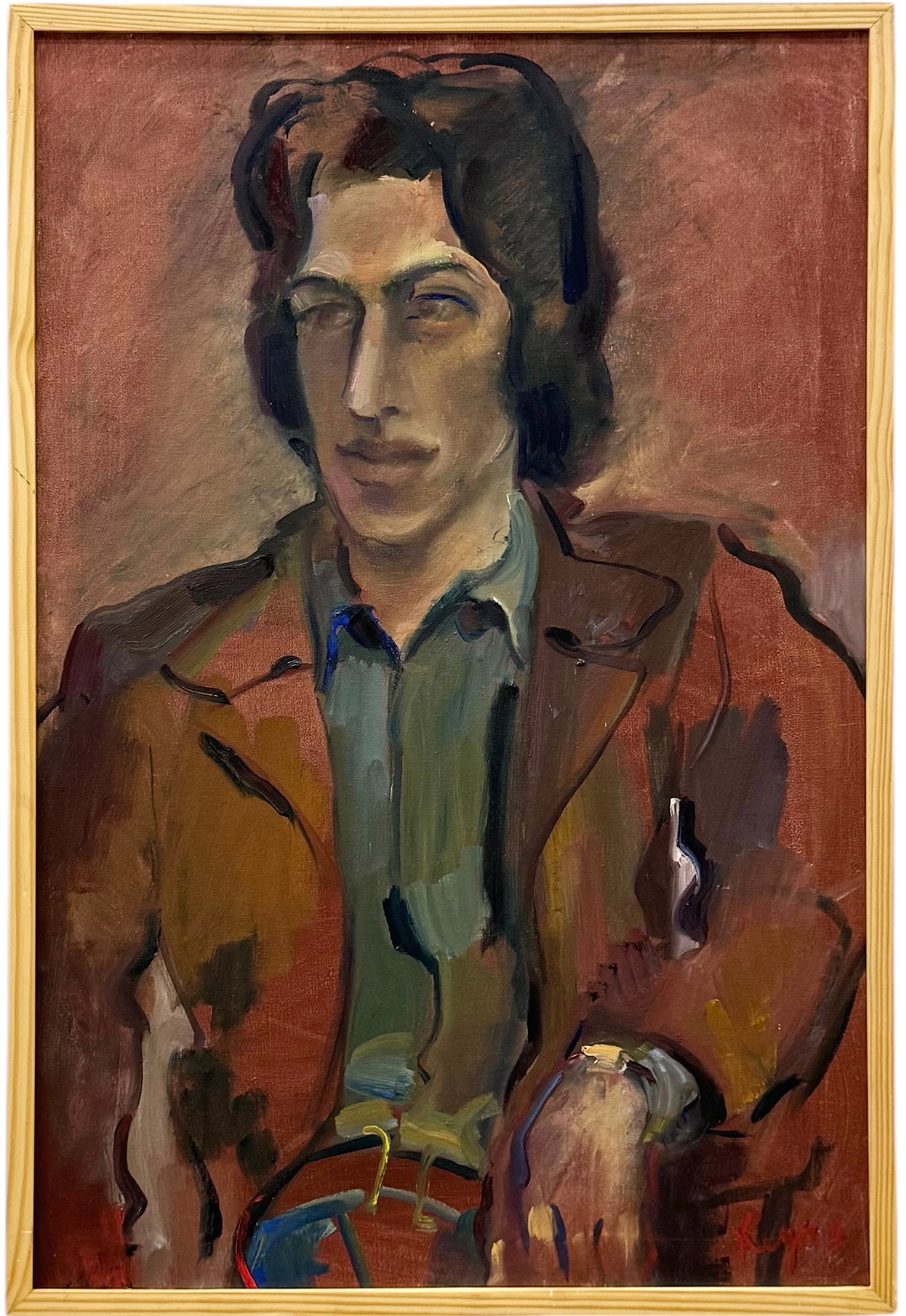Vintage 1970's American School Modernist Portrait Of A Man Signed Illegibly: Oil on board 37 x 25 in (framed)