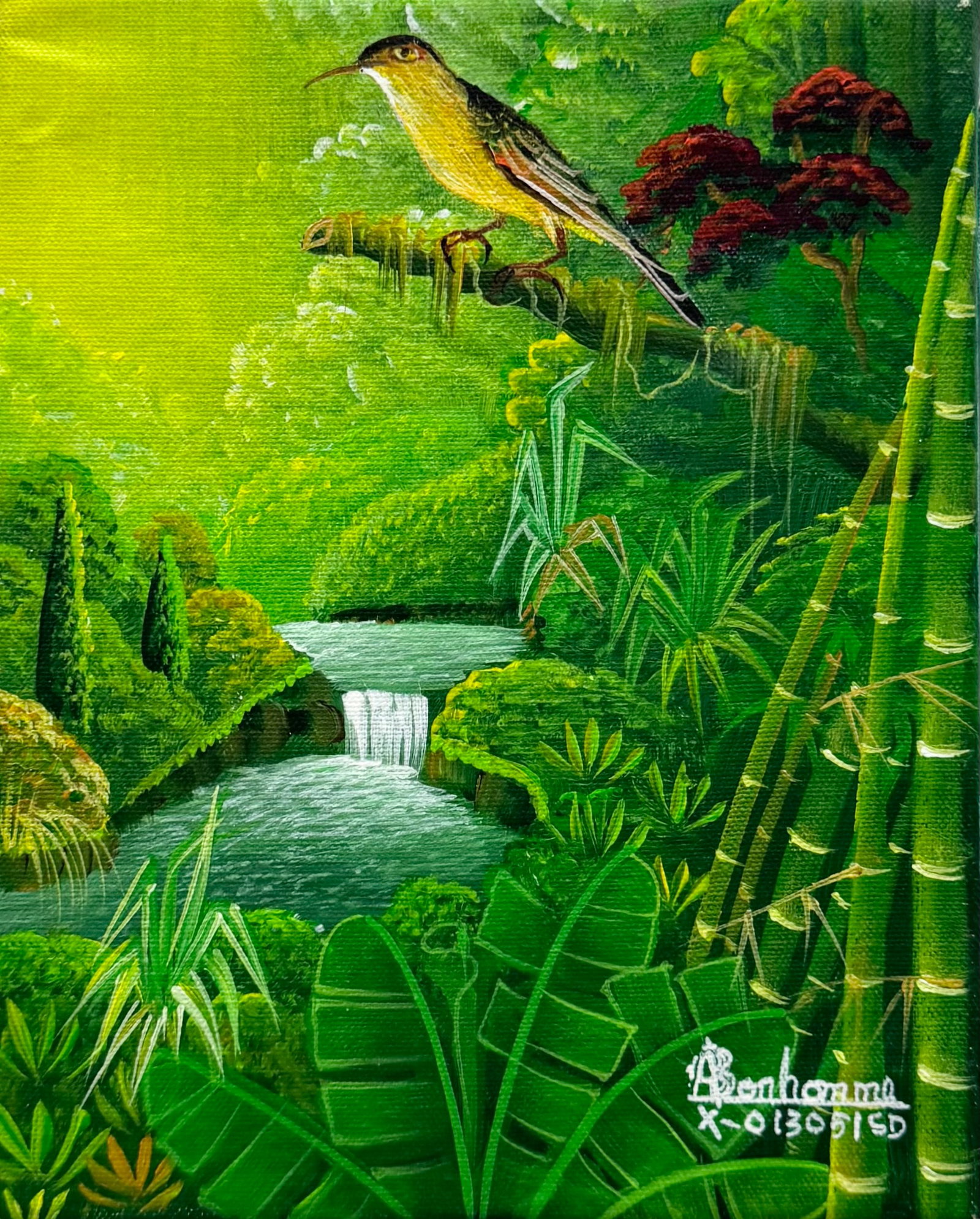 ALBOTT BONHOMME (b. 1963, Haitian) Jungle Landscape w/ Bird: Oil on canvas 8 x 10 in