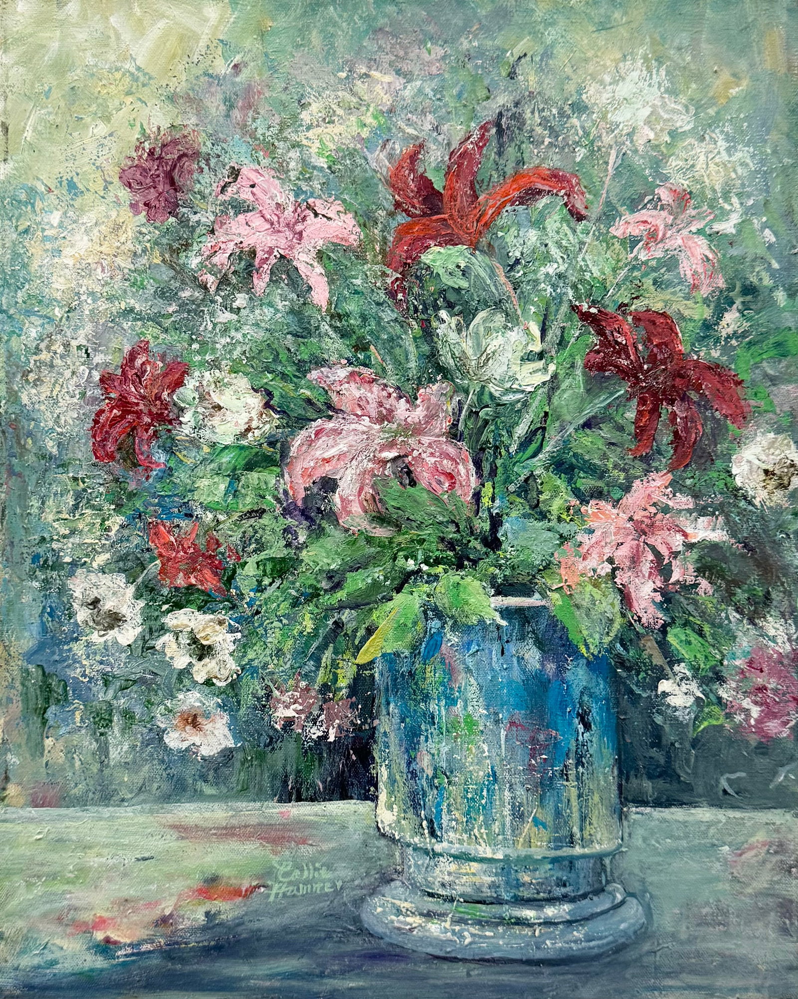 Vintage American School Still Life Of Flowers, Signed: Oil on canvas 16 x 20 in