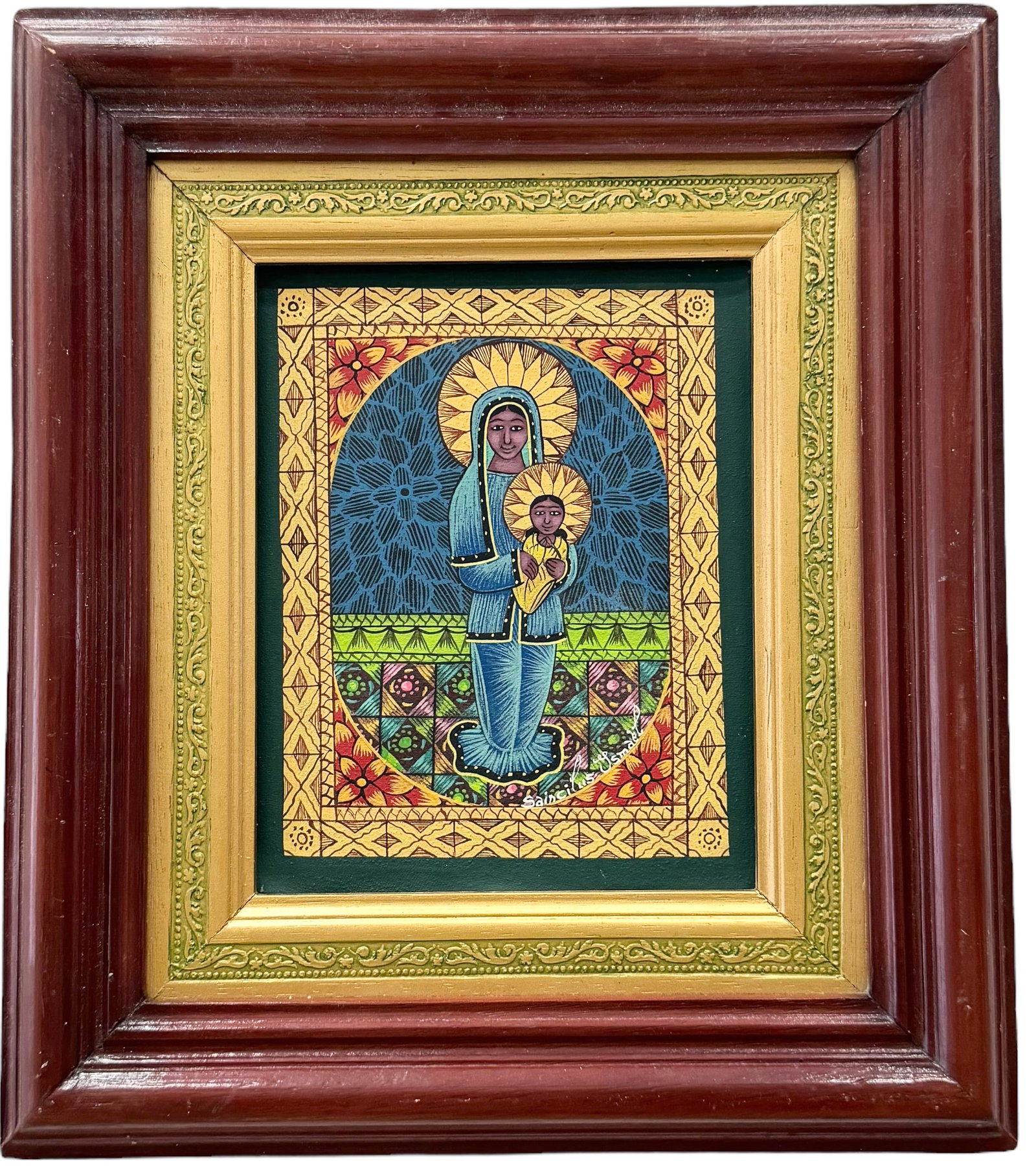 SINCILIUS ISMAEL (20th c, Haitian) Madonna & Child: Oil on canvas 11 x 9 in, 17 x 15 in (framed)