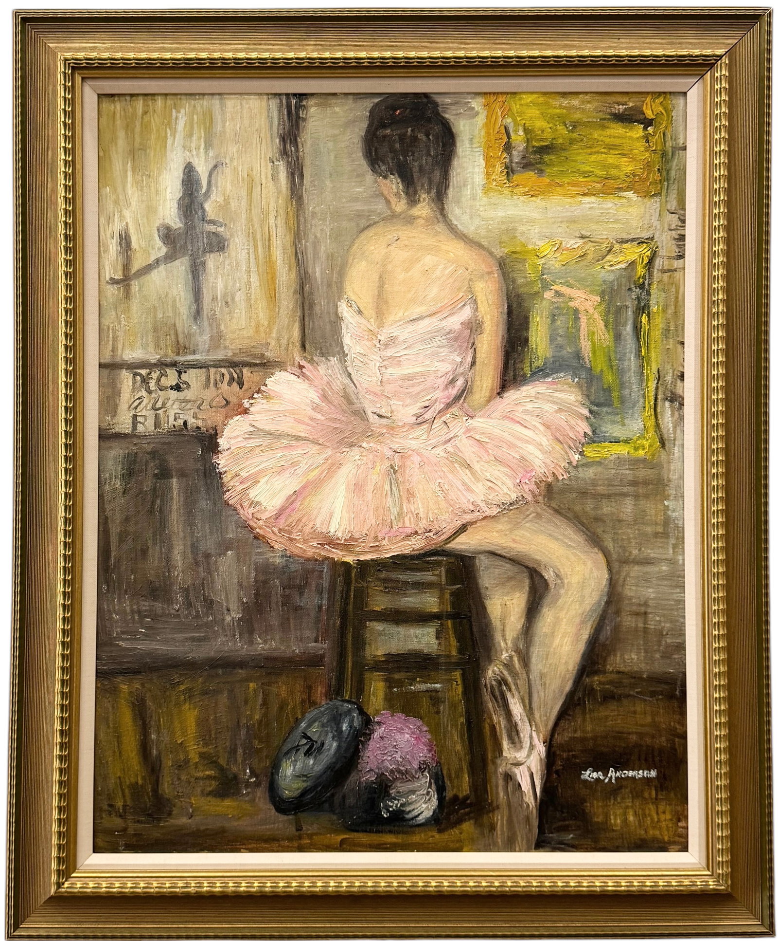 LISA ANDERSON (20th c, American) 1960's Mid-Century Seated Ballerina: Oil on board 22 x 28 in, 28 x 34 in (framed)