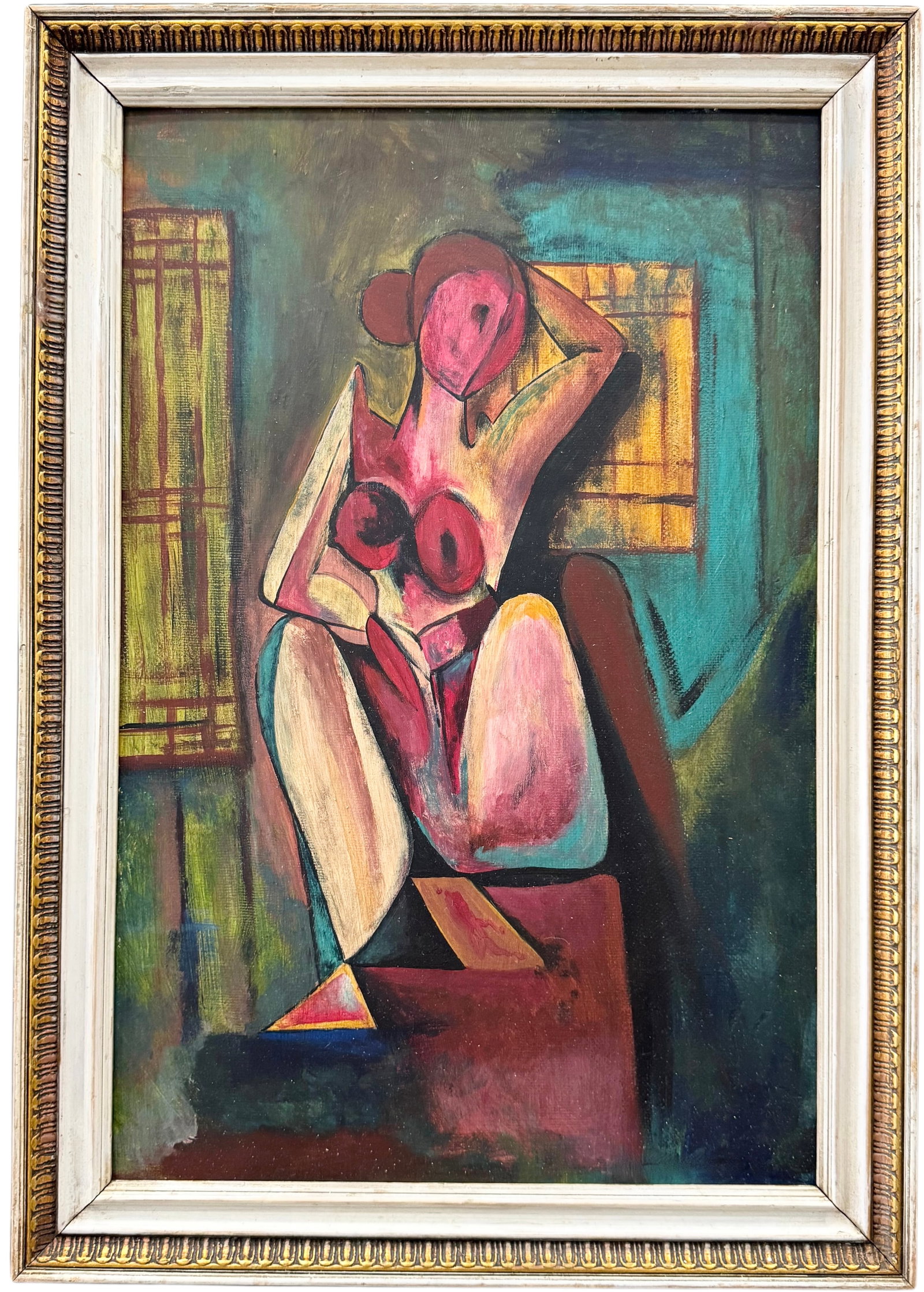 Mid-Century American School Cubist Nude Abstract, Unsigned: Oil on masonite 27.5 x 19.5 in (framed)