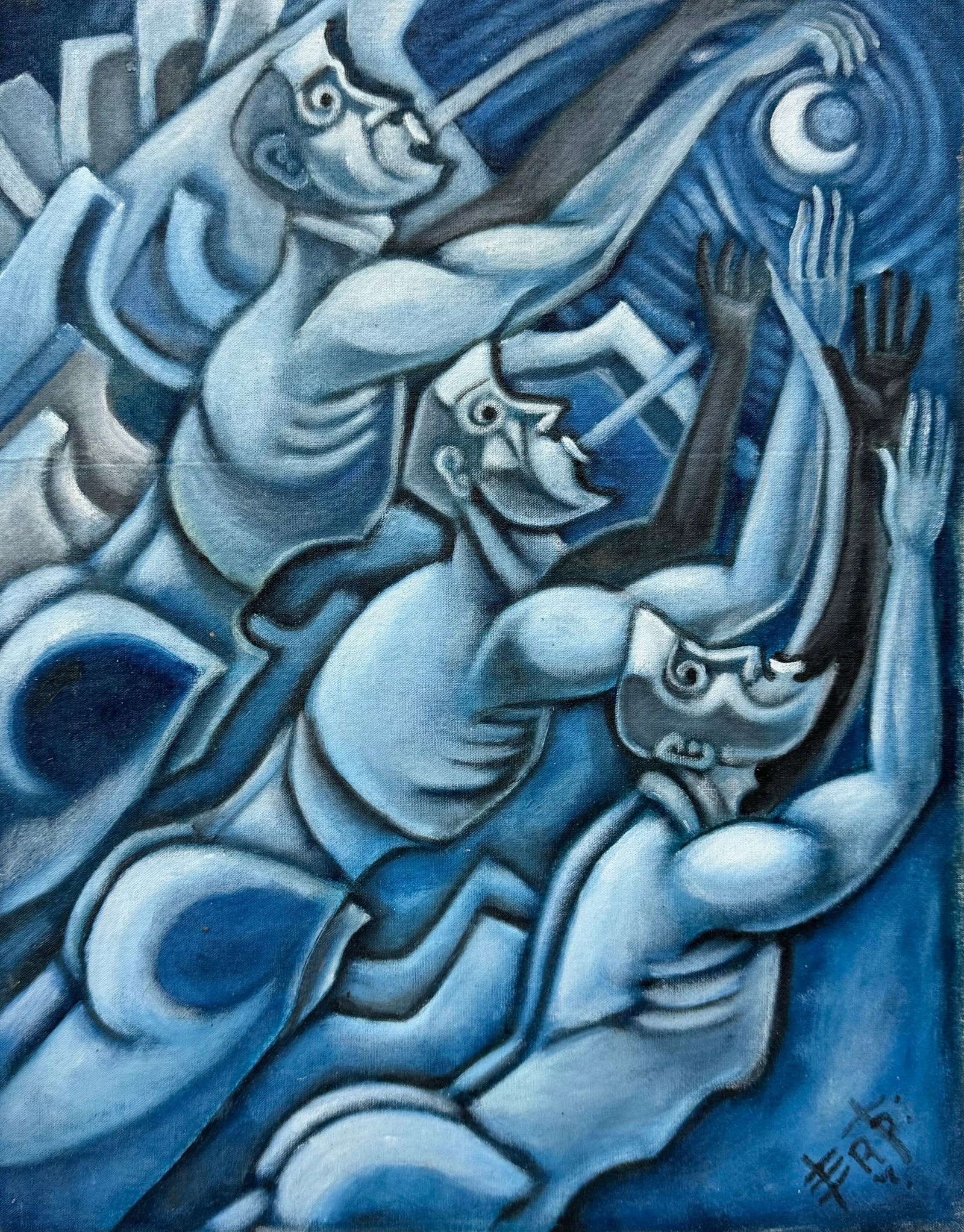 Mexican School Modern Surrealist Abstract w/ Figures & Moon, Signed (1 of 3)