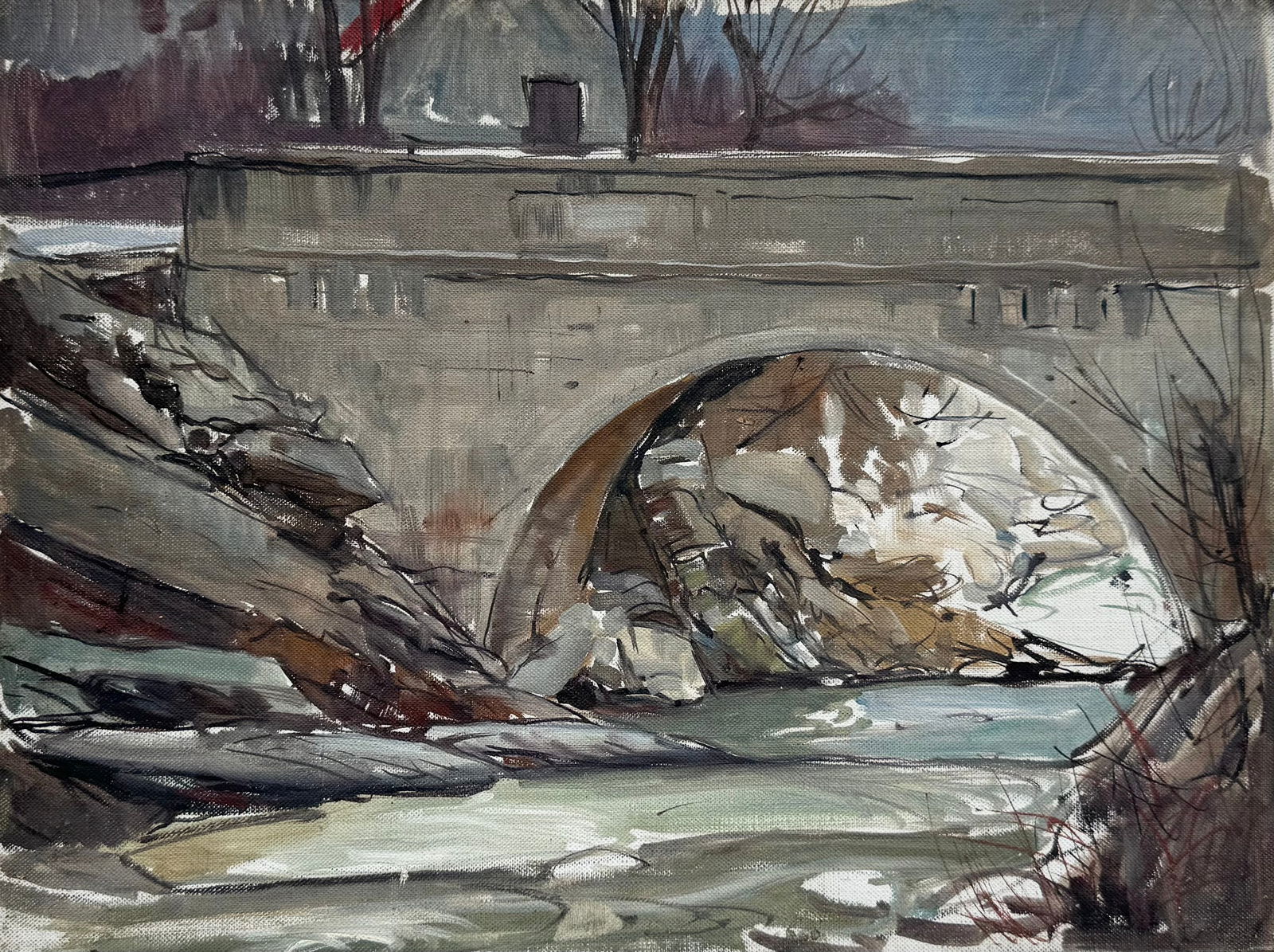 TORE ASPLUND (1903-1978, American) Landscape Running Stream With Bridge: Oil on board 16 x 12 in. From the artist's portfolio.