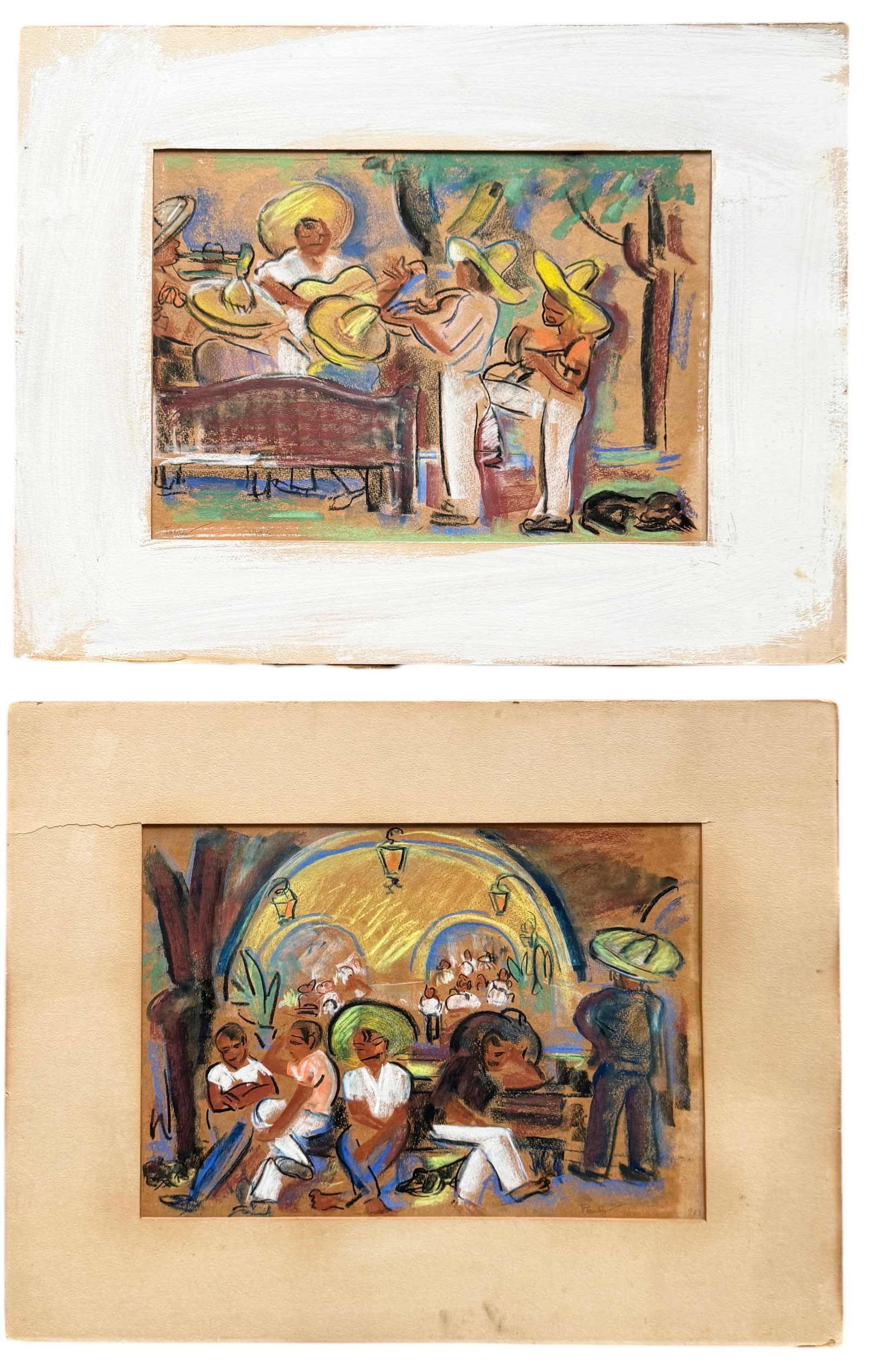 Pair Of 1940's Mexican School Modernist Cafe Pastel Scenes: Pastel on paper 17.5 x 12 in (image)