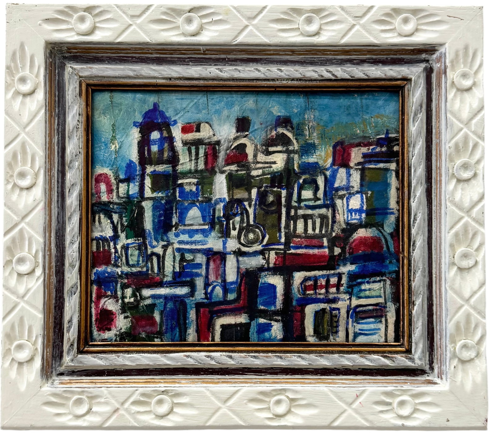 JADDEN (21st c, Cuban) City Scene, Miami Artist: Mixed media on canvas 11.5 x 9.5 in, 17 x 15 in (framed)