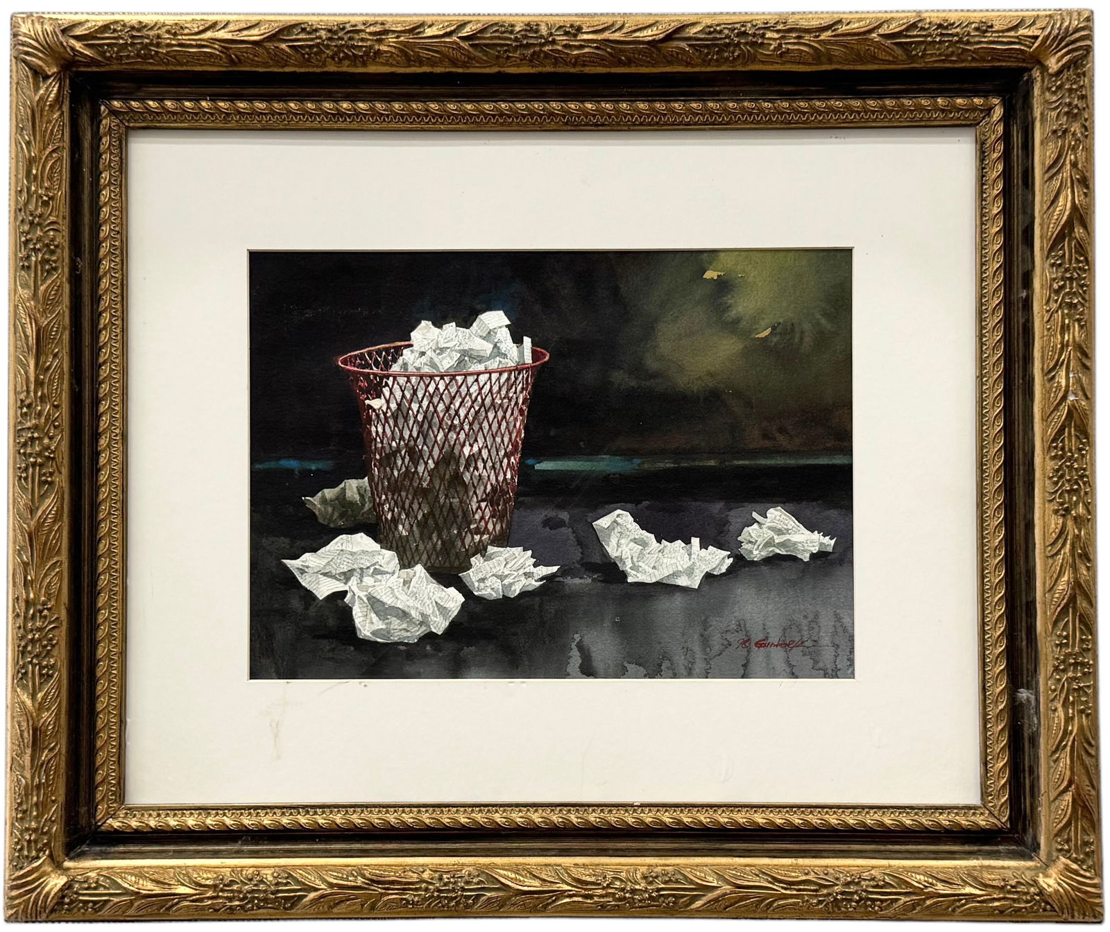 Contemporary Watercolor Color Still Life Of A Trashcan In The Street, Signed (1 of 3)