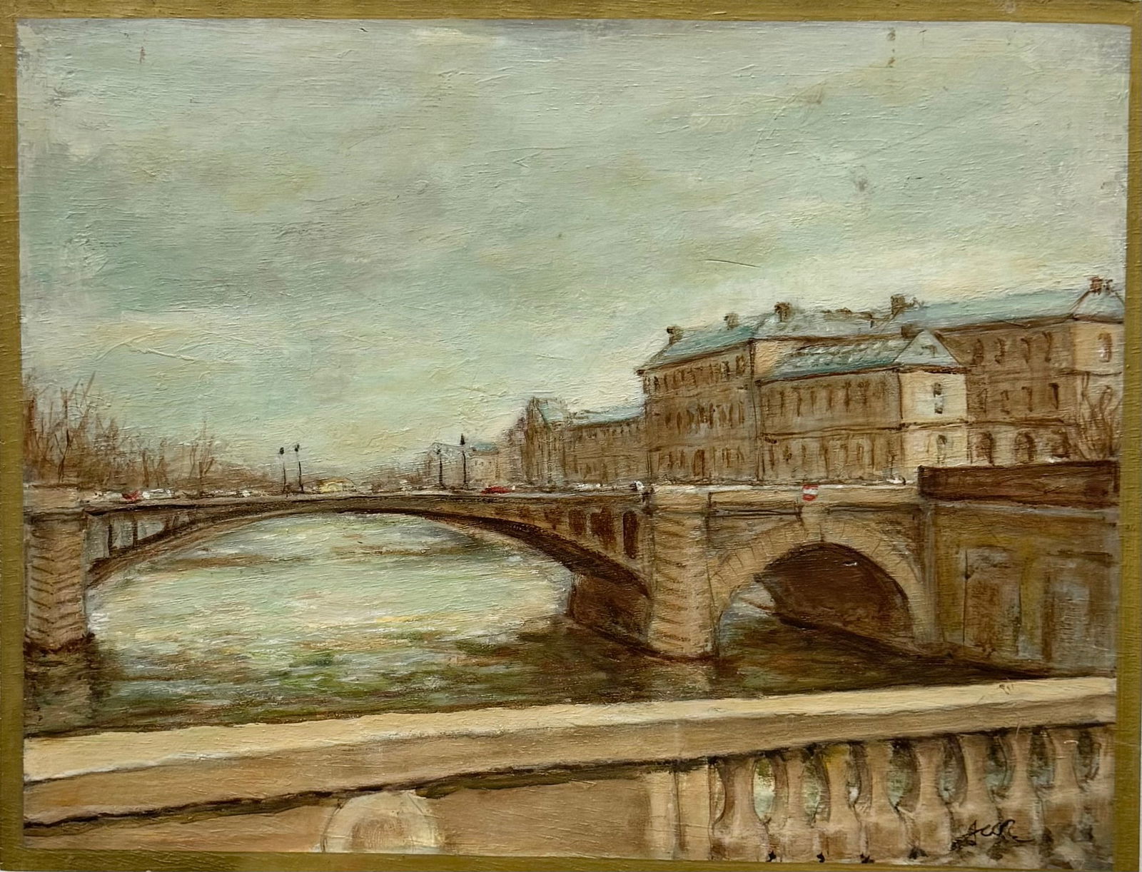 French School Pont du Carrousel Louvre Paris River Seine City Scene Painting , Signed (1 of 3)