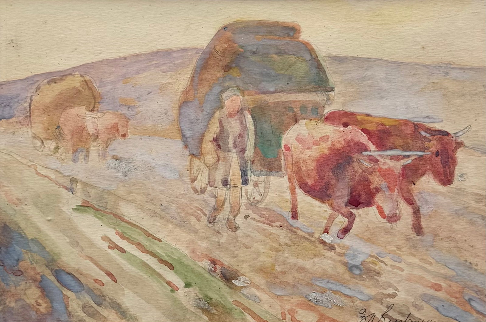 Lionel Lin Serebrin (1921-2014, Canadian) Watercolor Of Hay Farmer: 13 x 9 in