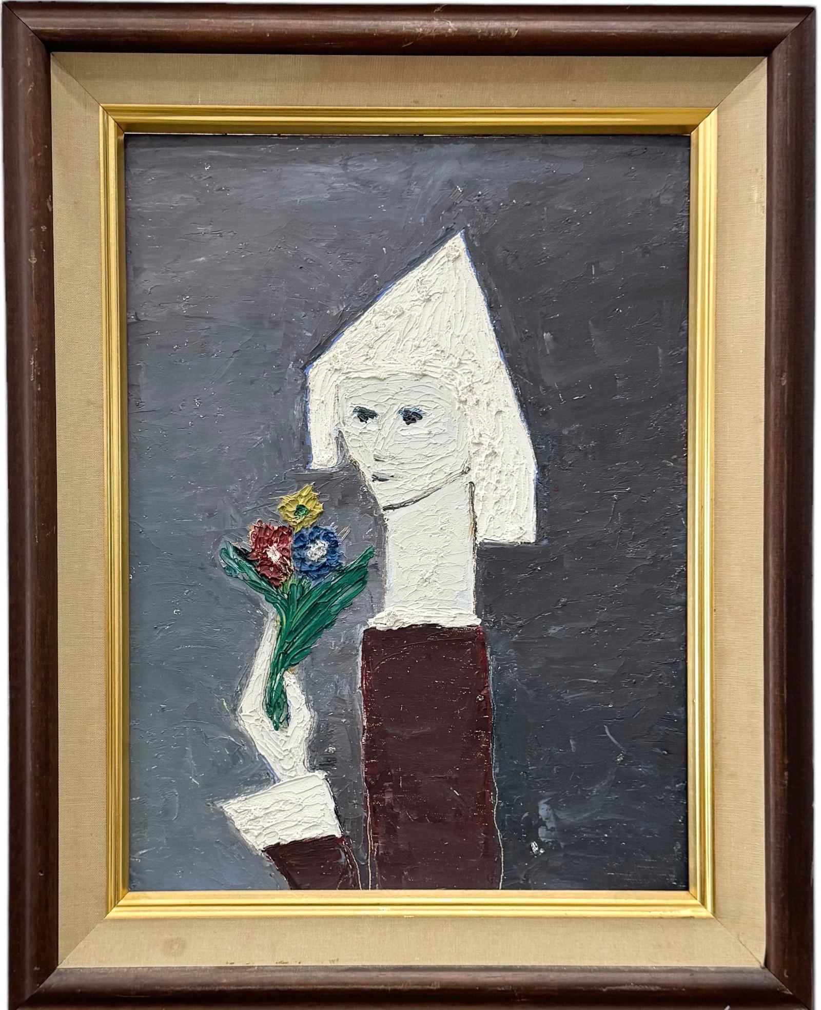 Mid-Century American Modernist Figure w/ Flowers Unsigned: Oil on board 12 x 16 in, 16 x 20 in (framed)
